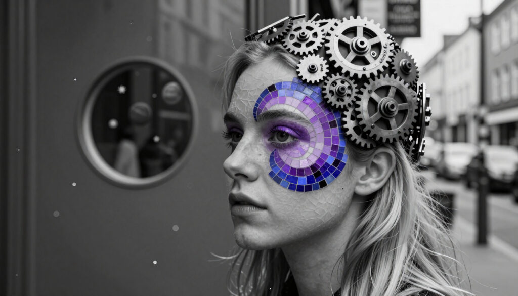 Steampunk woman with gears and purple mosaic