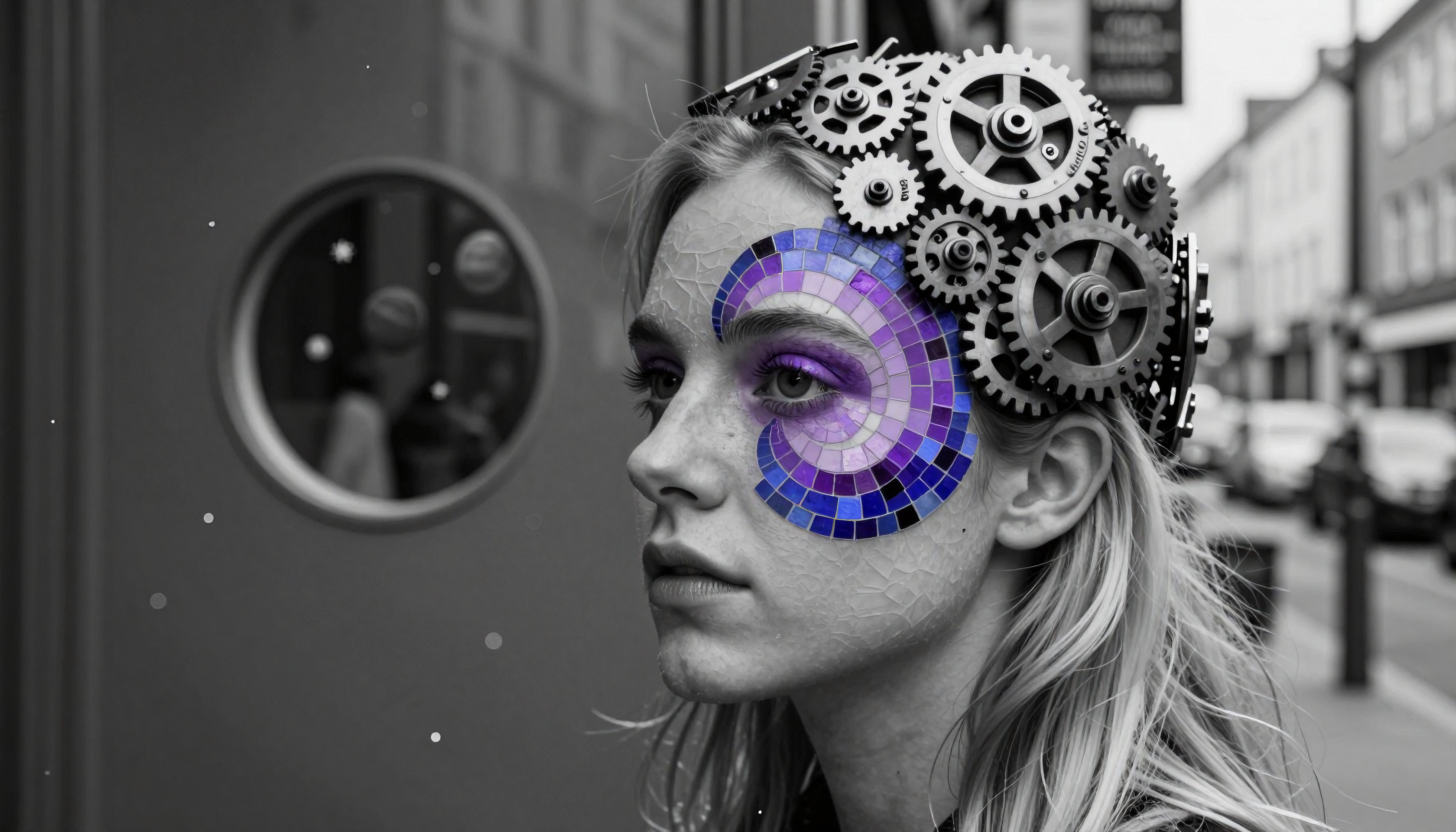 Steampunk woman with mechanical gears and purple mosaic art in urban street