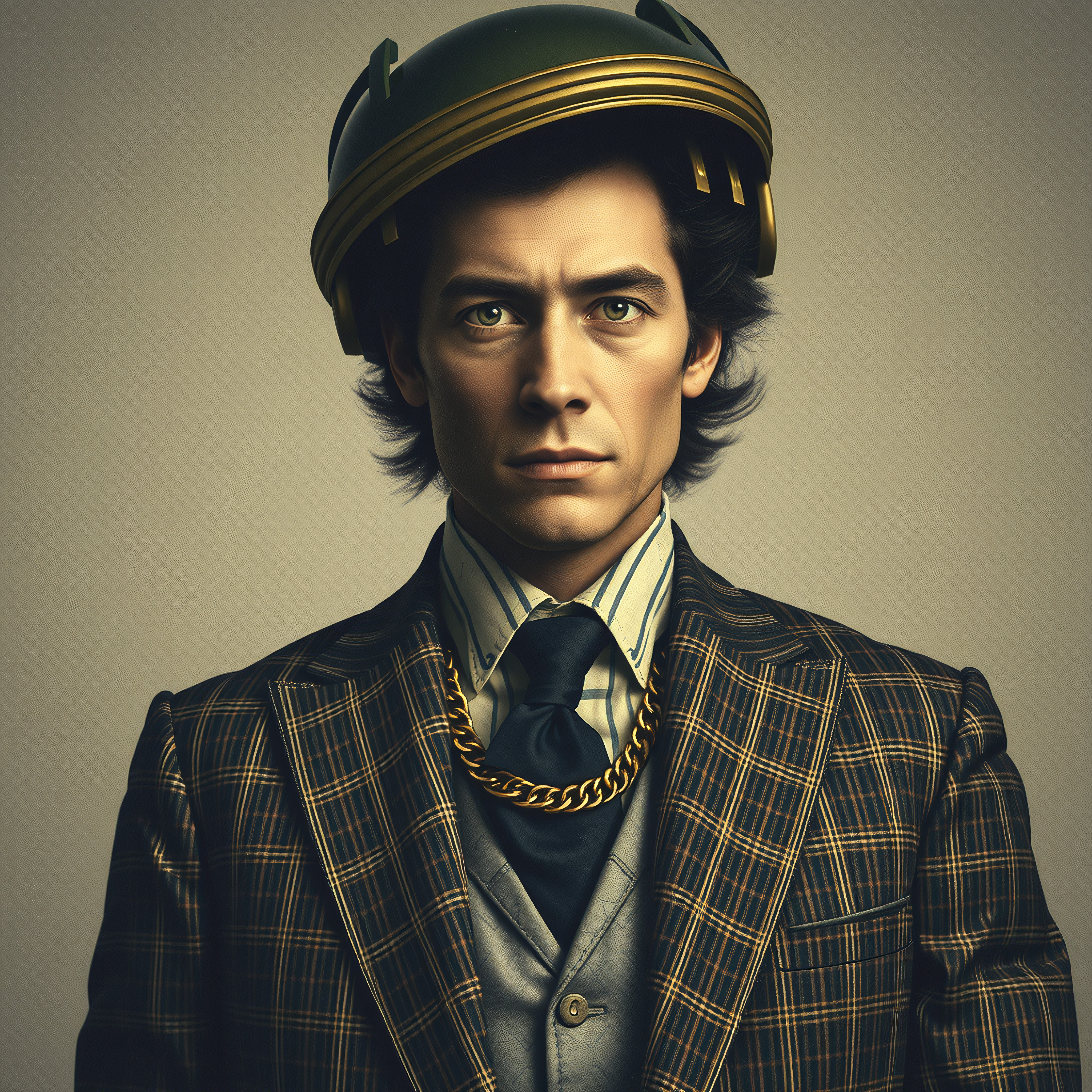 Vintage Space Helmet and Checkered Suit Portrait