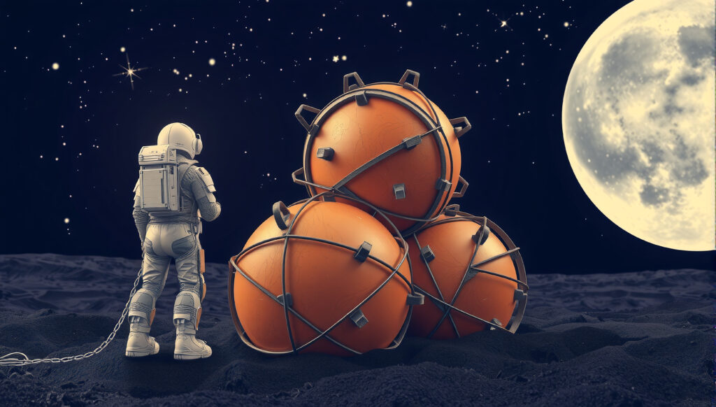 Astronaut on Planet Surface with Orbital Spheres