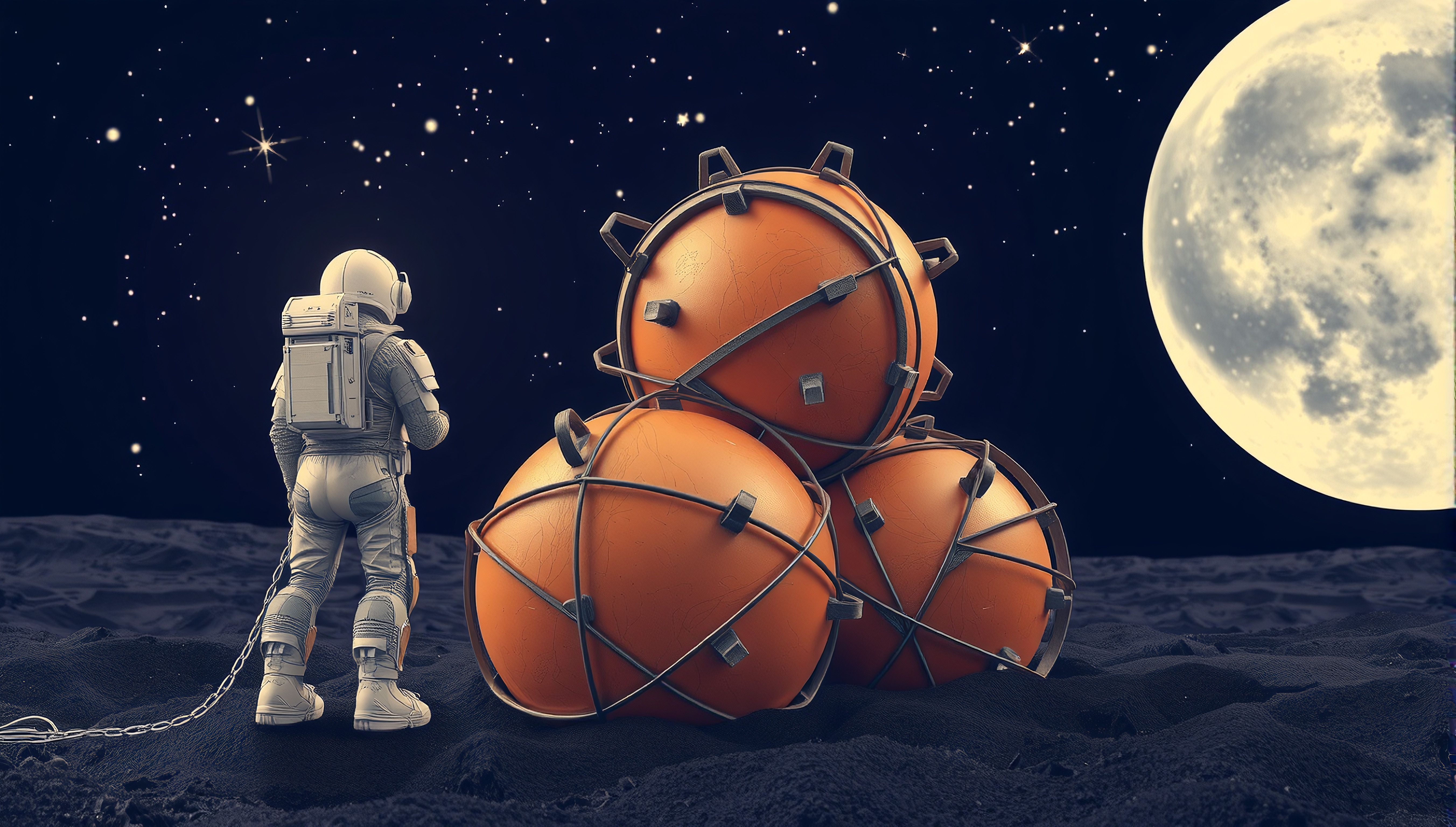 Astronaut on Lunar Surface with Orbital Spheres Under Moonlight