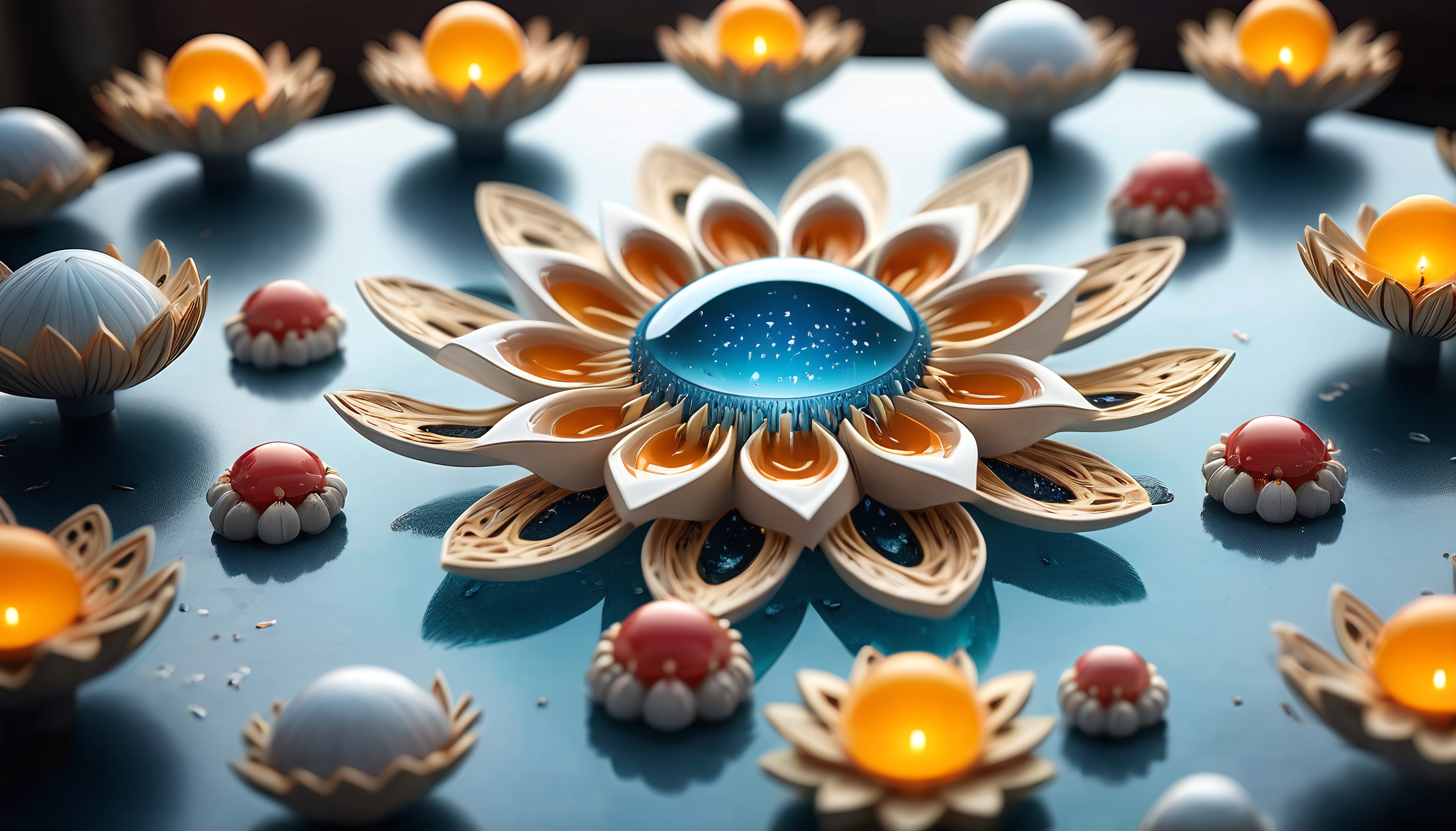 Celestial Abstract Bloom with Illuminated Center and Gemstone Accents