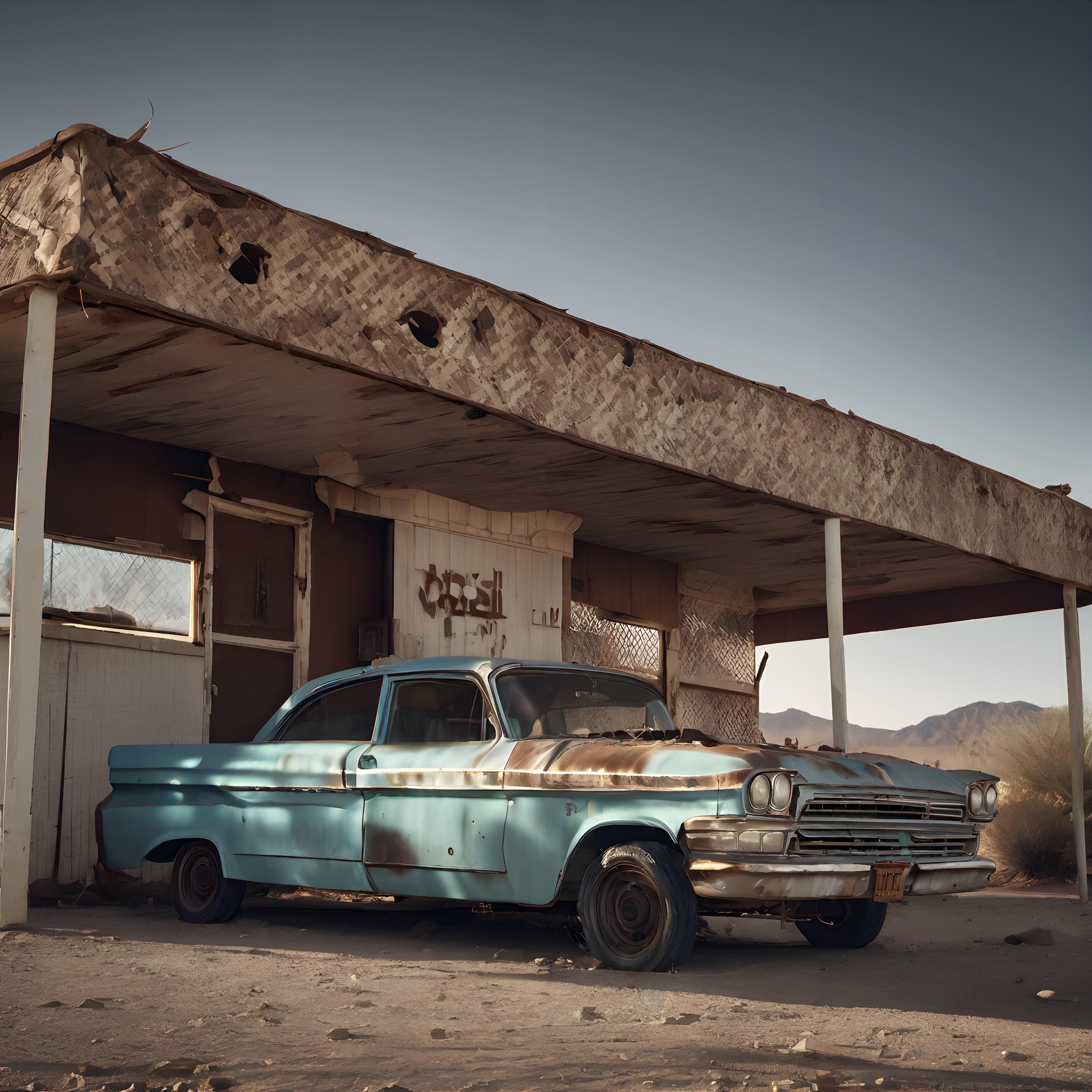 Vintage 1950s Sedan at Abandoned Gas Station in Desert