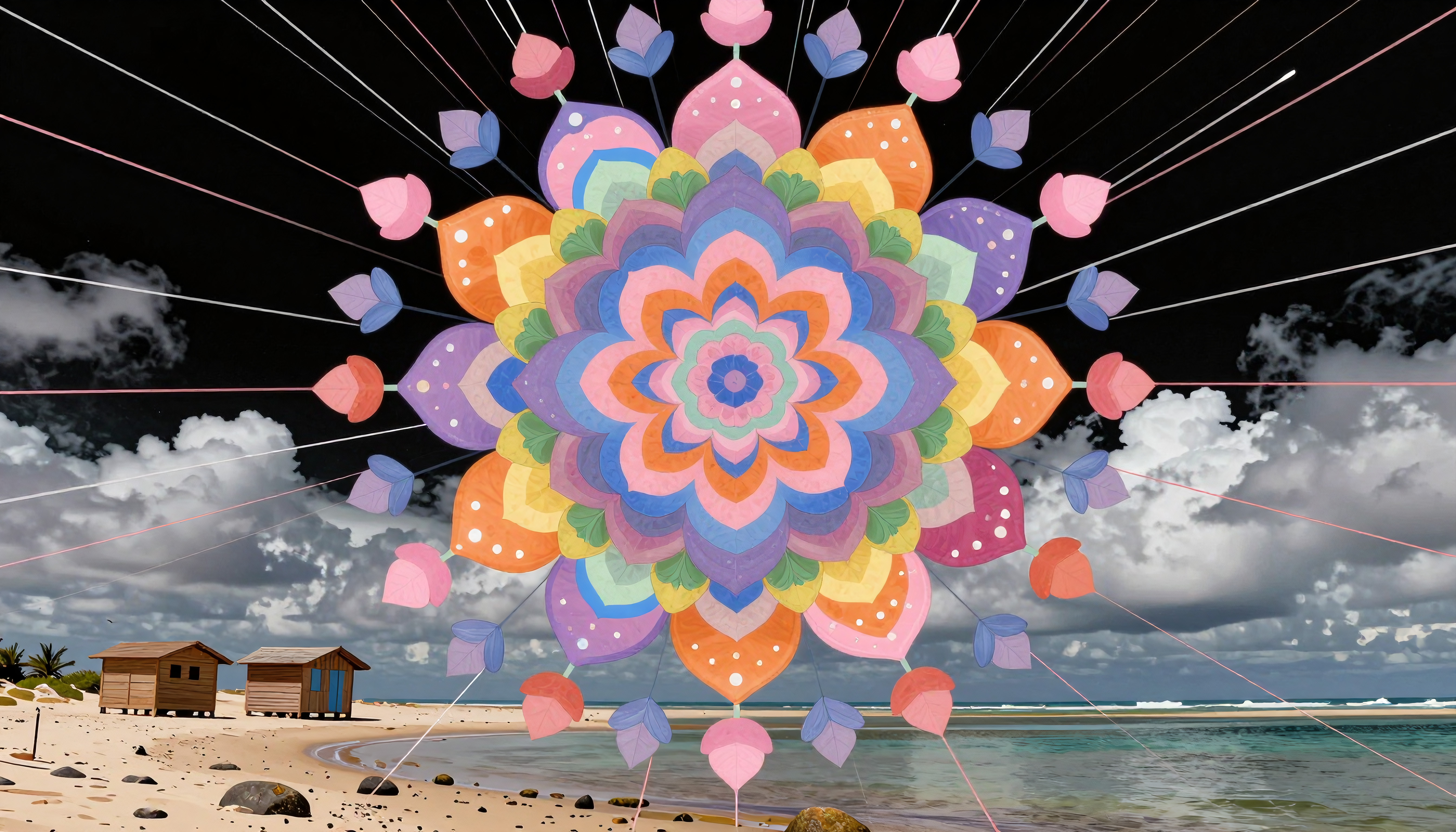 Vibrant Mandala Over Tropical Beach with Wooden Cabins
