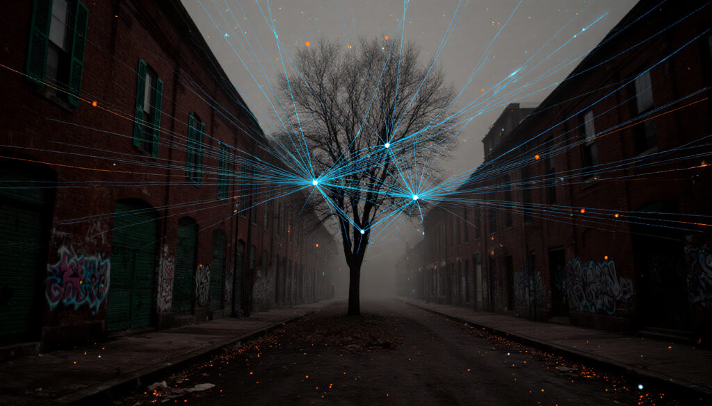 Foggy urban alley with blue digital light beams