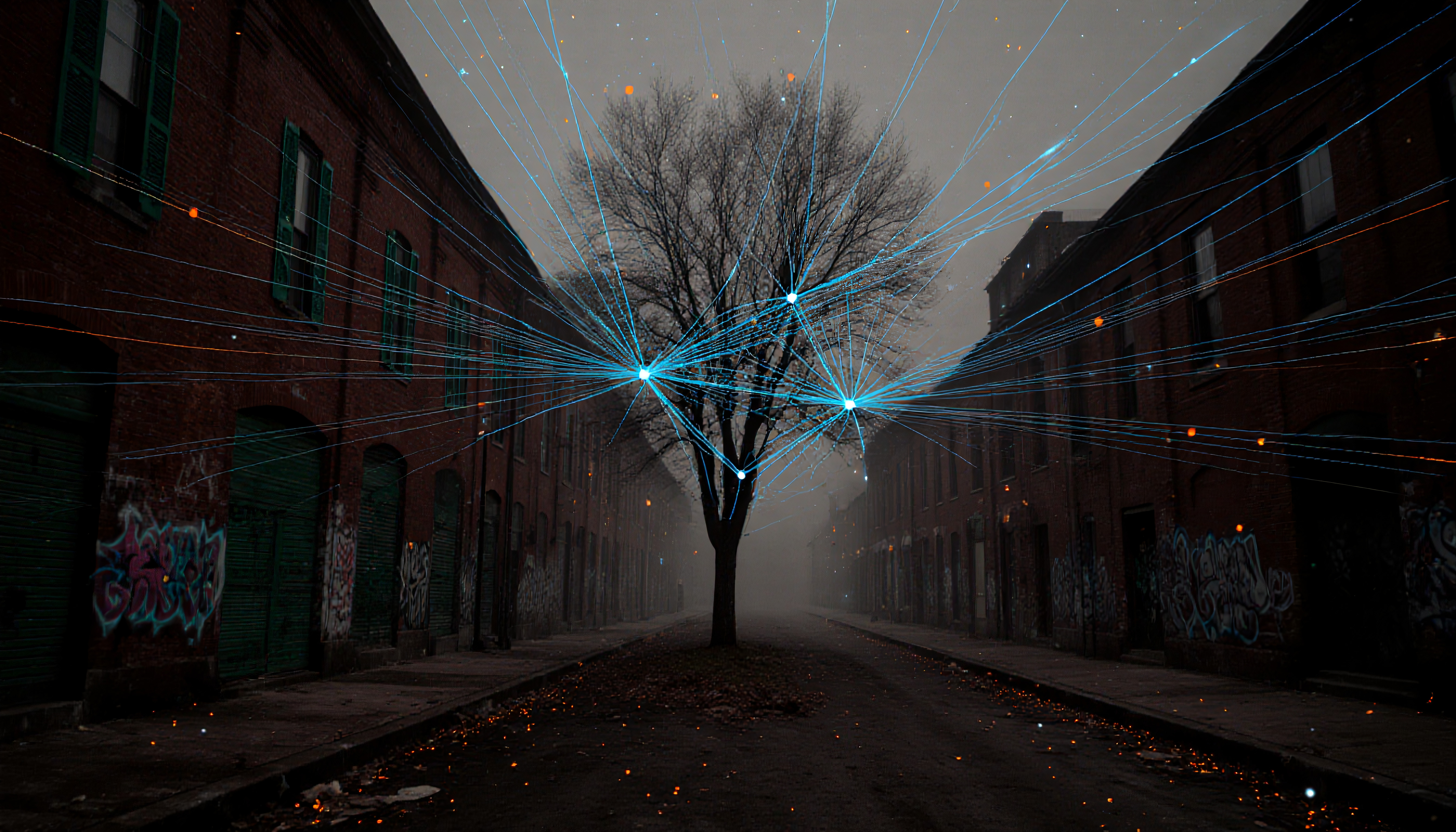 Foggy urban alley with blue digital light beams and graffiti