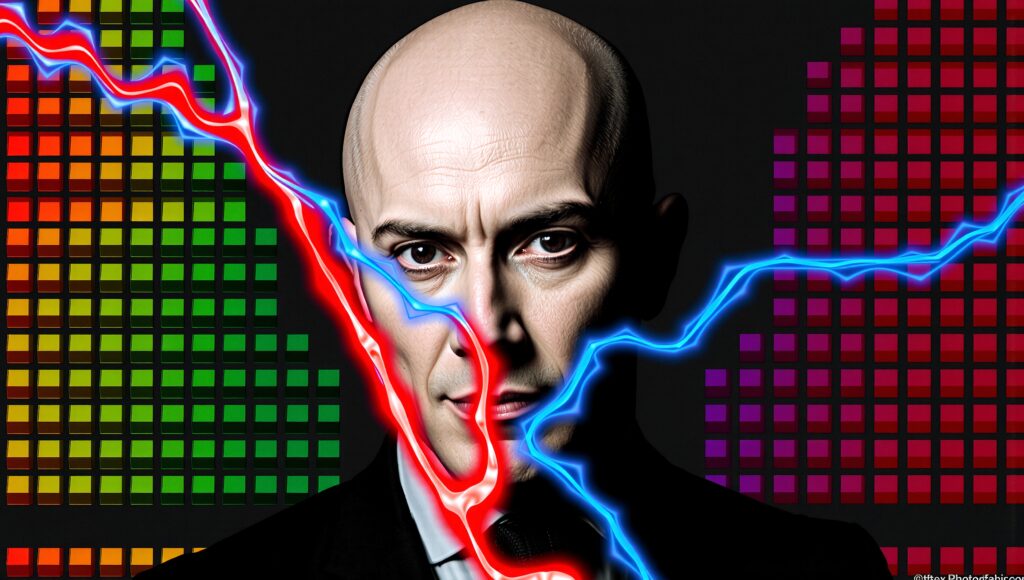 Corporate Portrait with Red and Blue Lightning Splitting Face Against Audio Waveform Background
