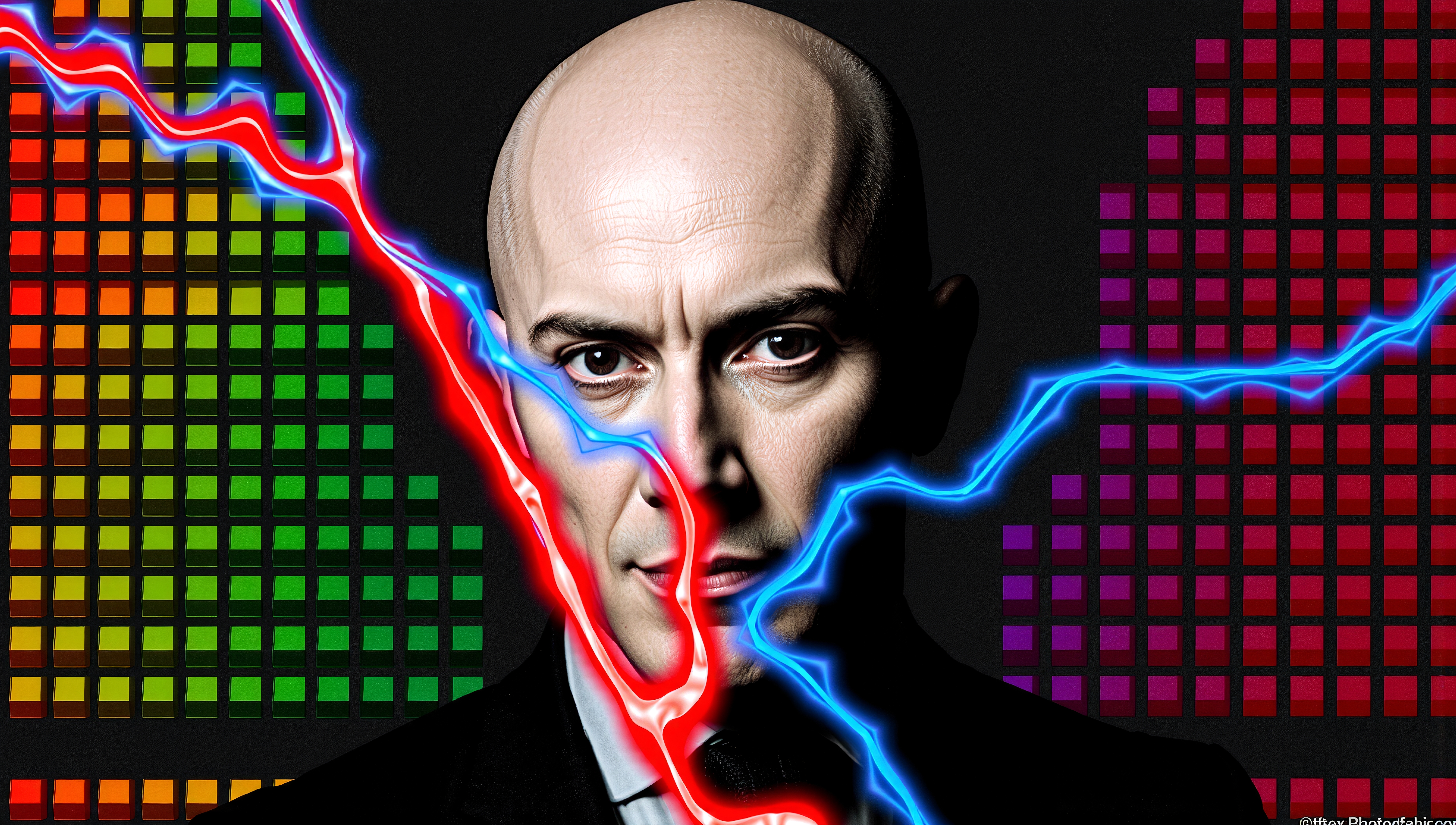 Corporate Portrait with Red and Blue Lightning Splitting Face Against Audio Waveform Background