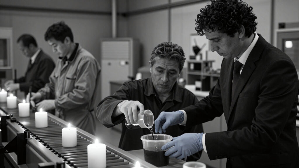 Industrial Candle Manufacturing: Factory Workers on Production Line