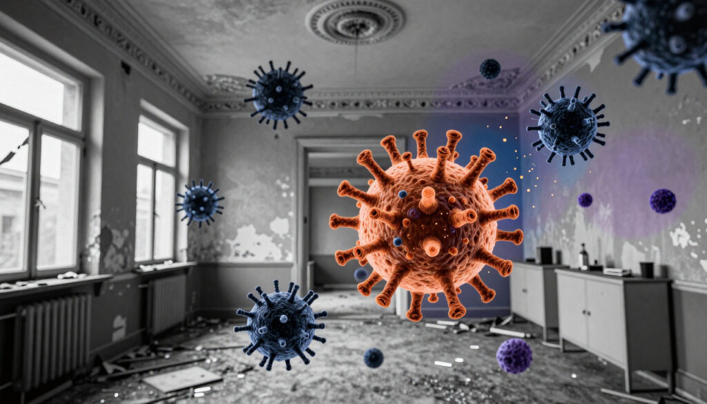 Abandoned Interior Room with Floating Viral Particles