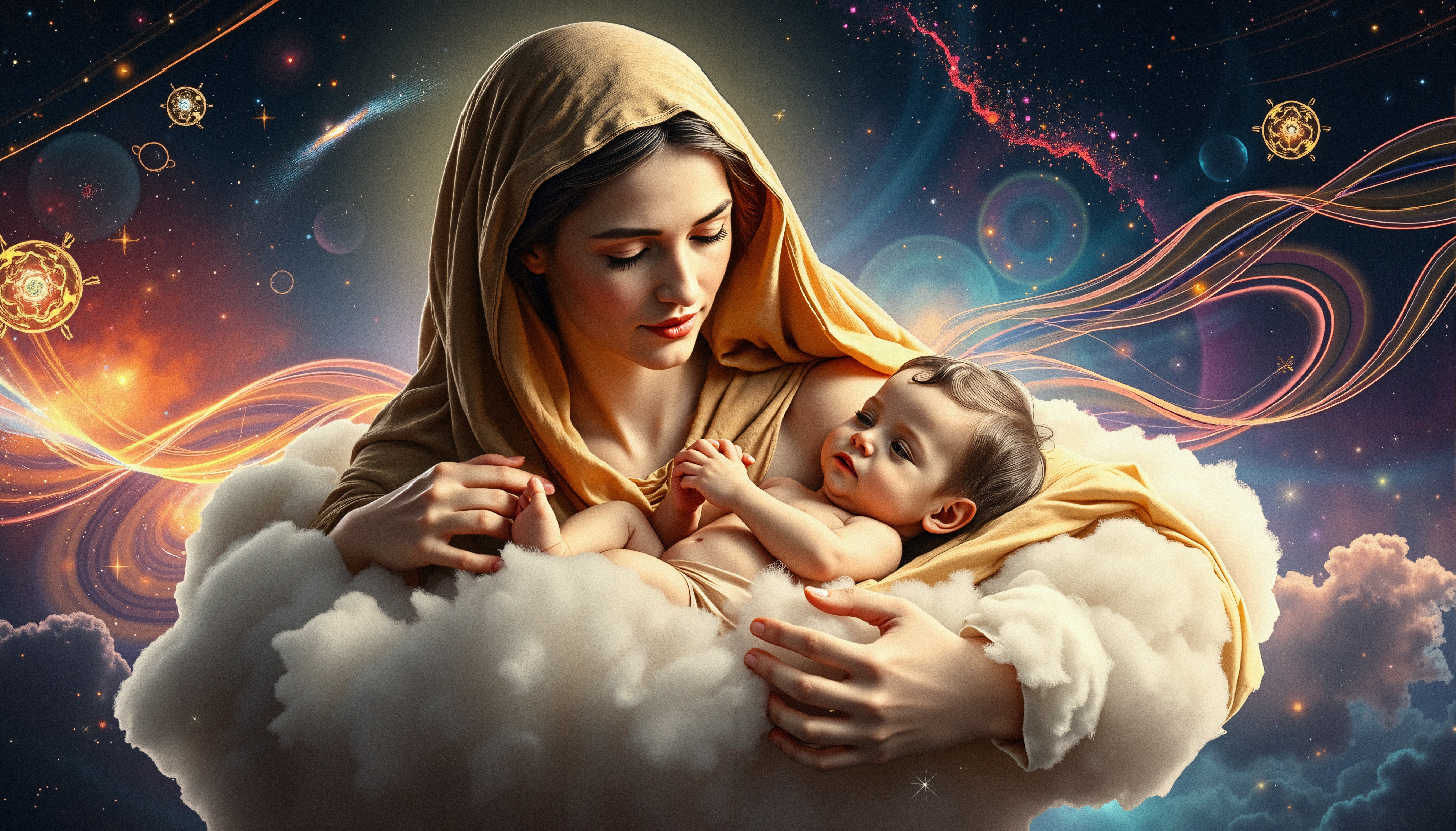 Divine Mother and Infant on Celestial Cloud Against Cosmic Background