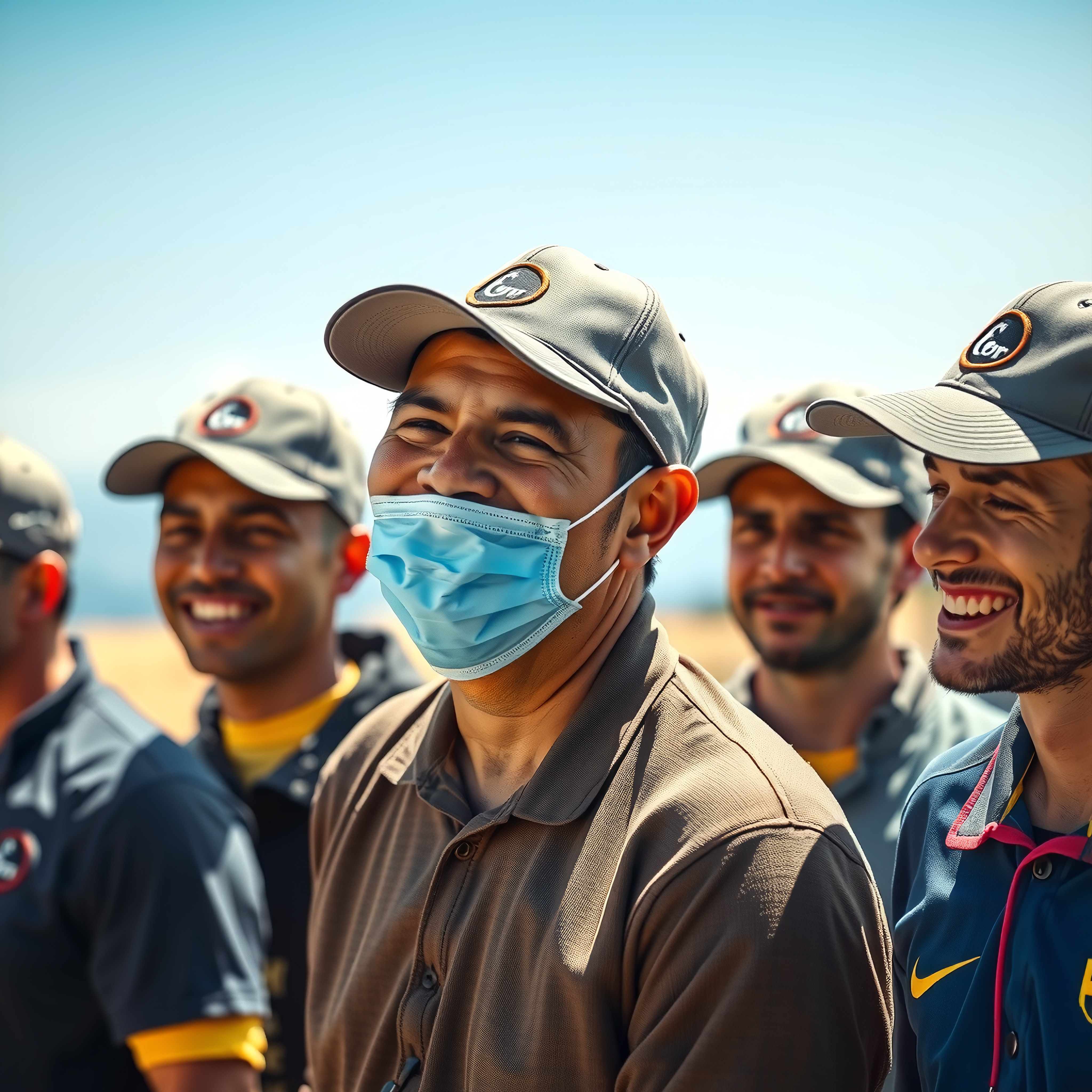 Diverse Professional Team with Face Masks in Sunny Outdoor Setting