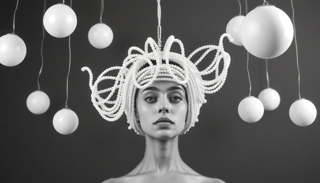 Beaded Headpiece Portrait with Hanging Spheres in Monochrome