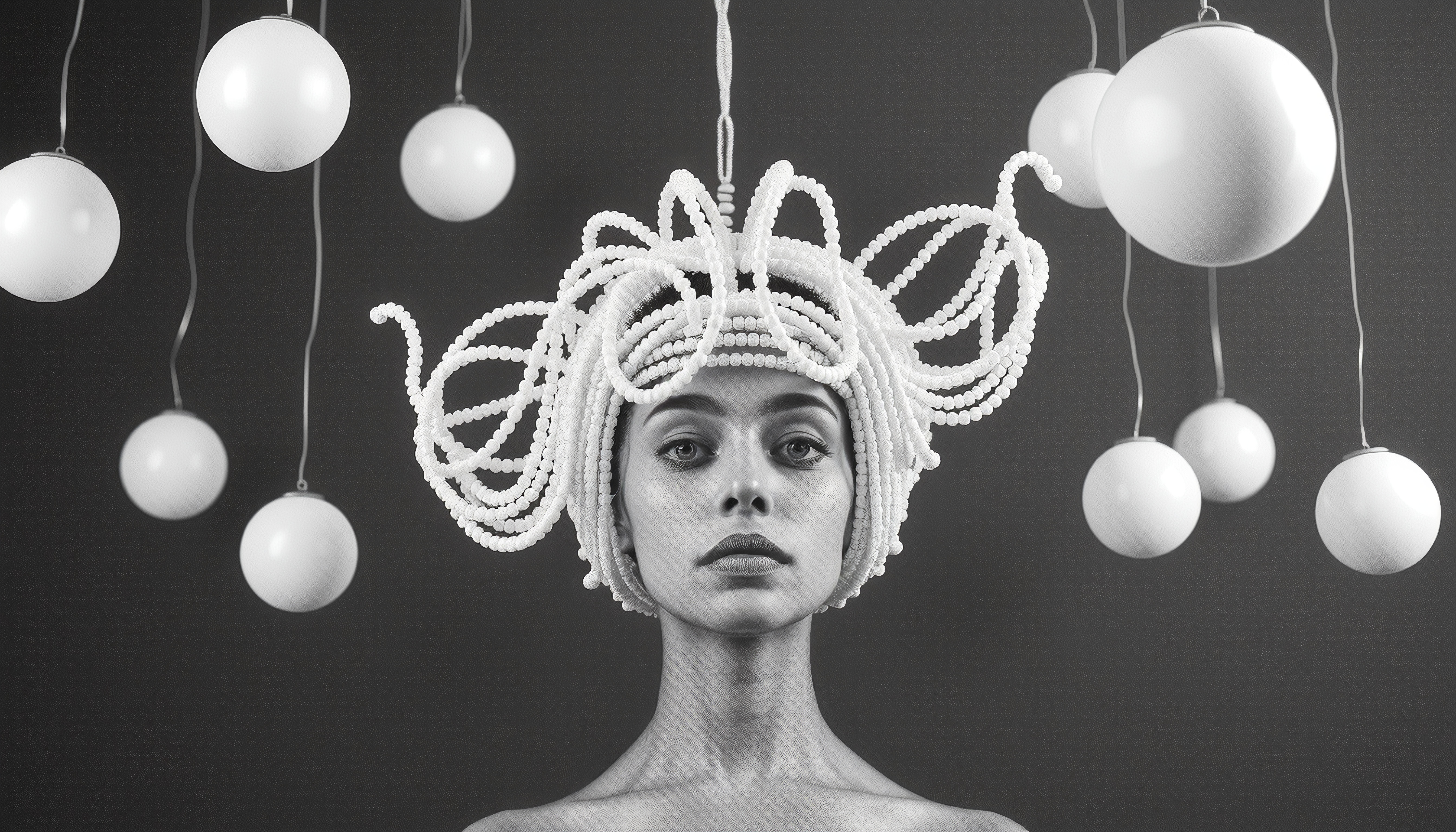Beaded Headpiece Portrait with Hanging Spheres in Monochrome