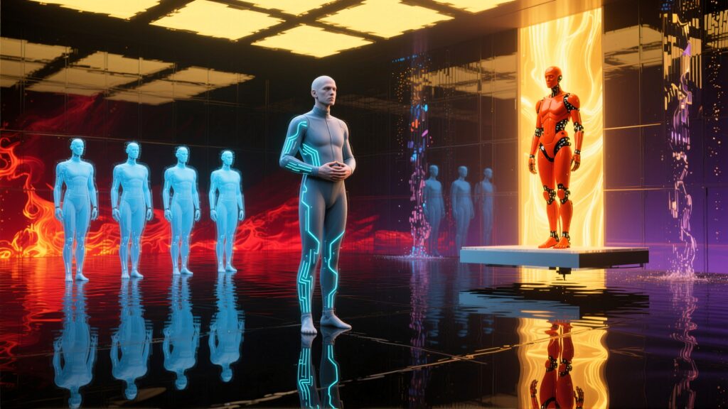 Futuristic humanoid figures in a high-tech digital exhibition space