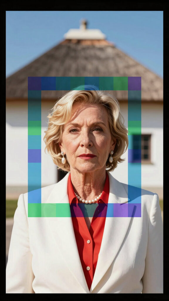 Professional Portrait with Color Calibration Overlay Against Rural Building Background