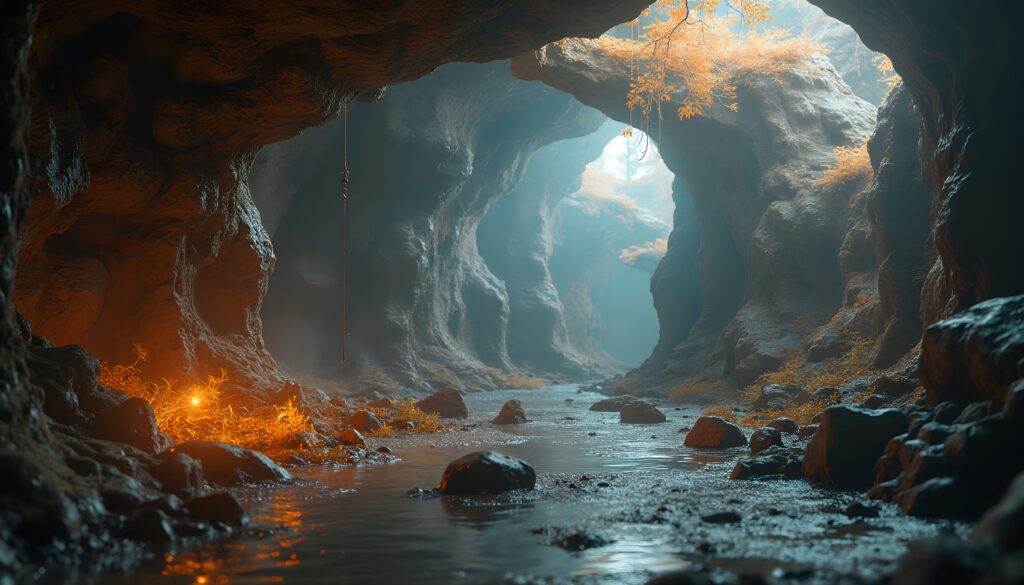 Autumnal Cave Stream with Sunlit Foliage and Natural Light