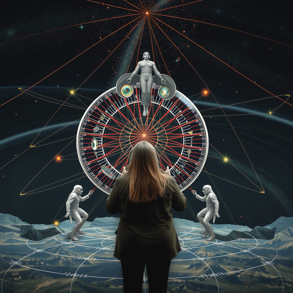 Cosmic Mandala with Observer and Astronaut Figures in Futuristic Scene