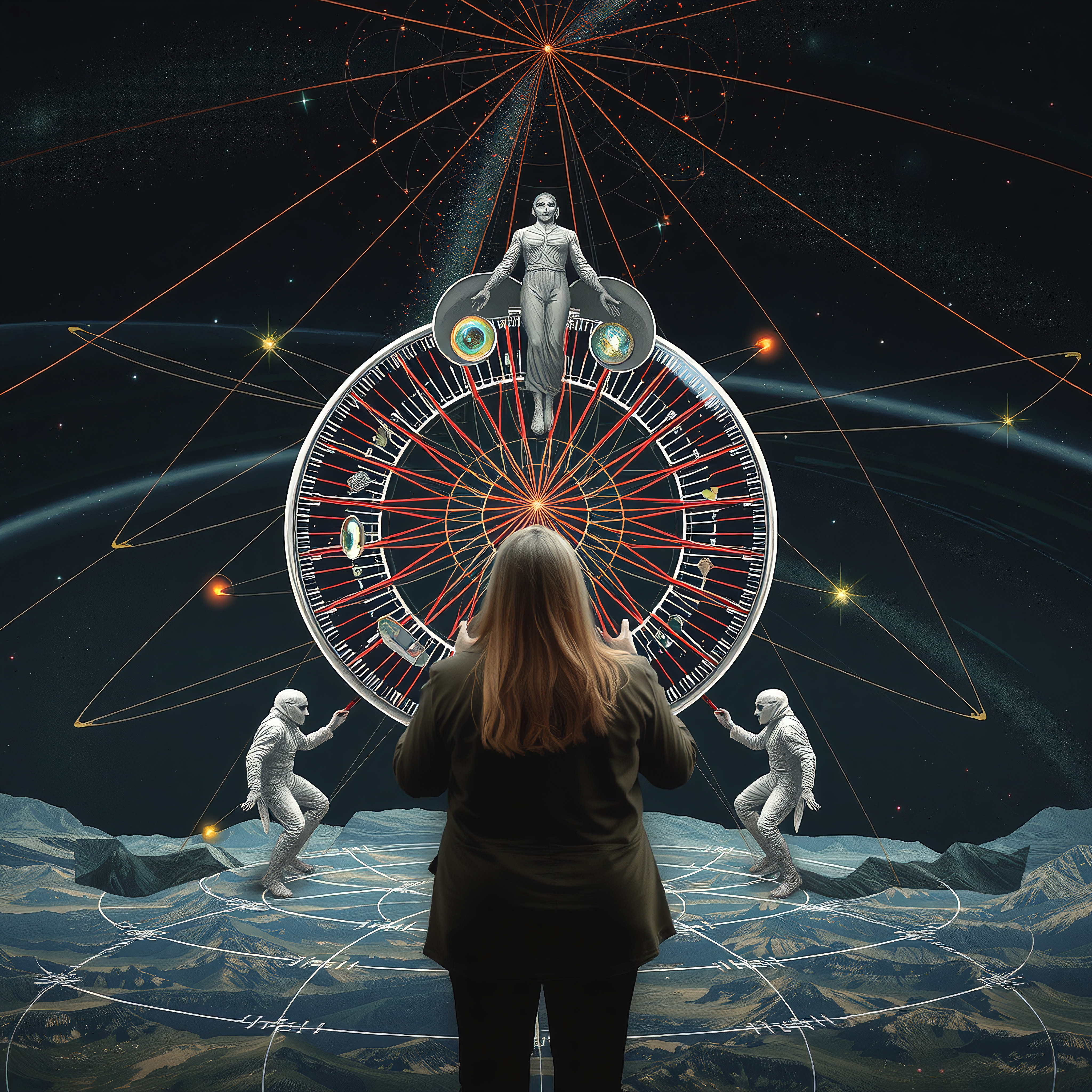 Cosmic Mandala with Observer and Astronaut Figures in Futuristic Scene