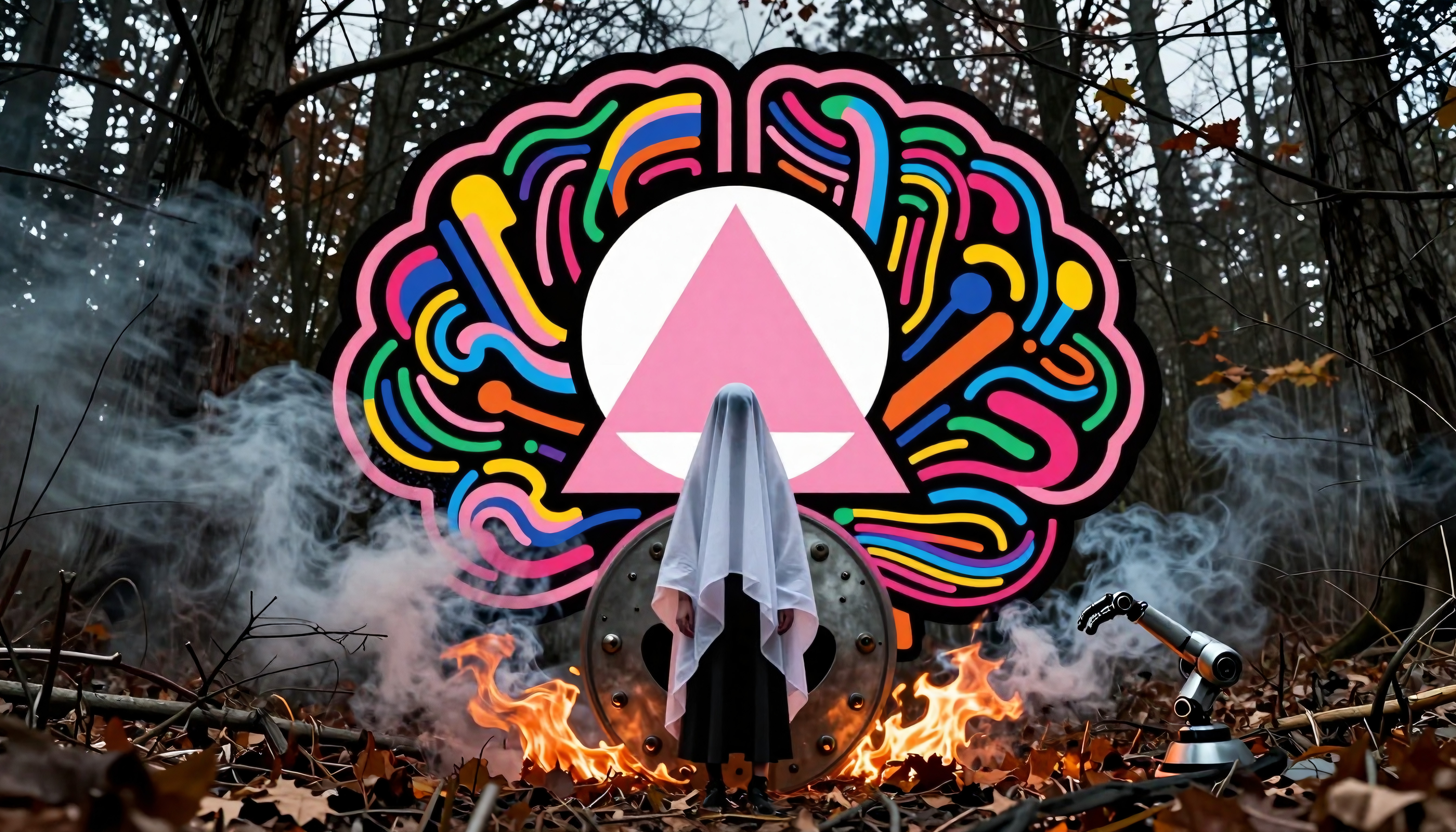 Hooded Figure Before Vibrant Geometric Symbol in Forest