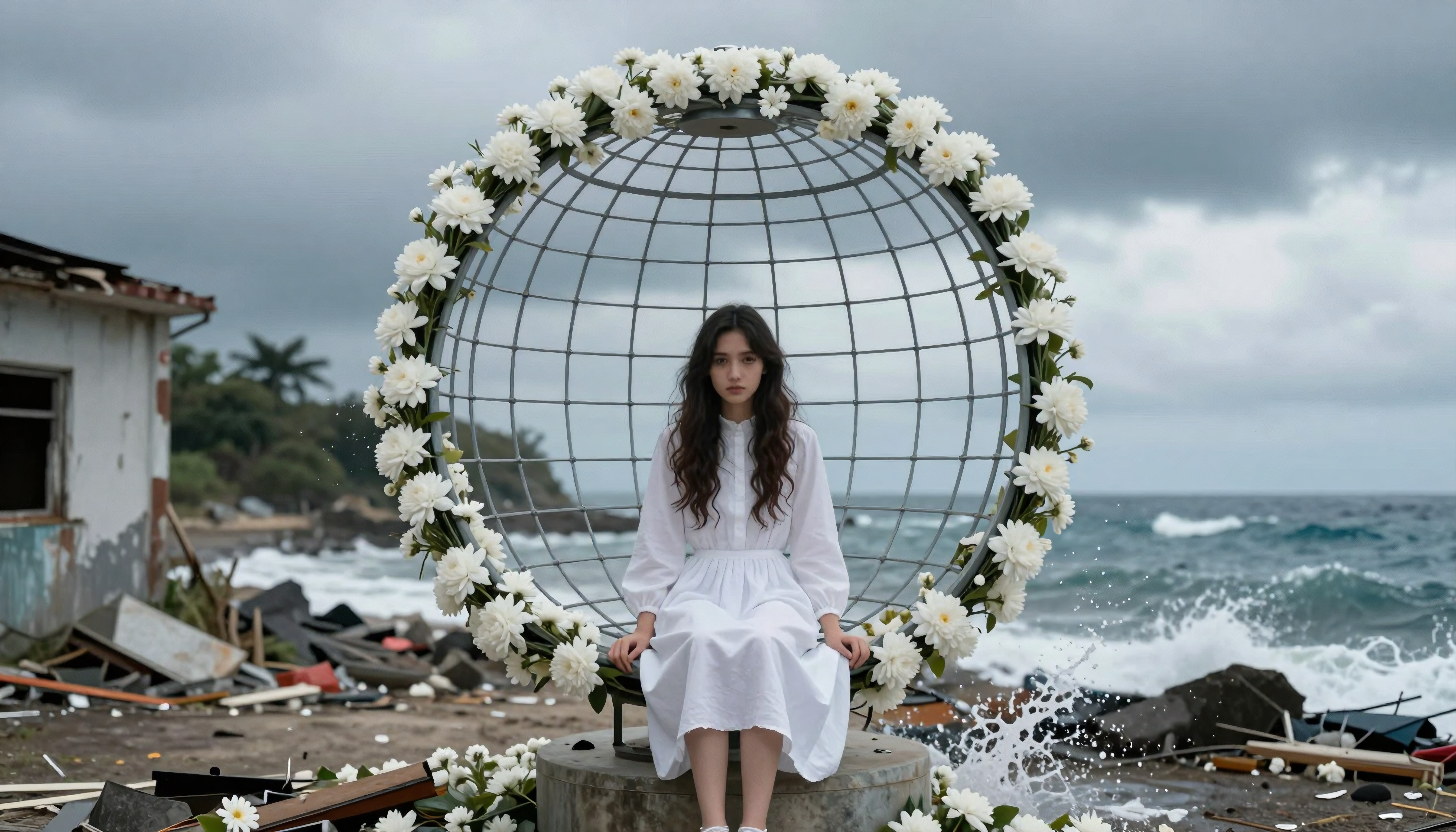Contemplative Woman in White Dress Within Floral Globe Structure by Stormy Sea
