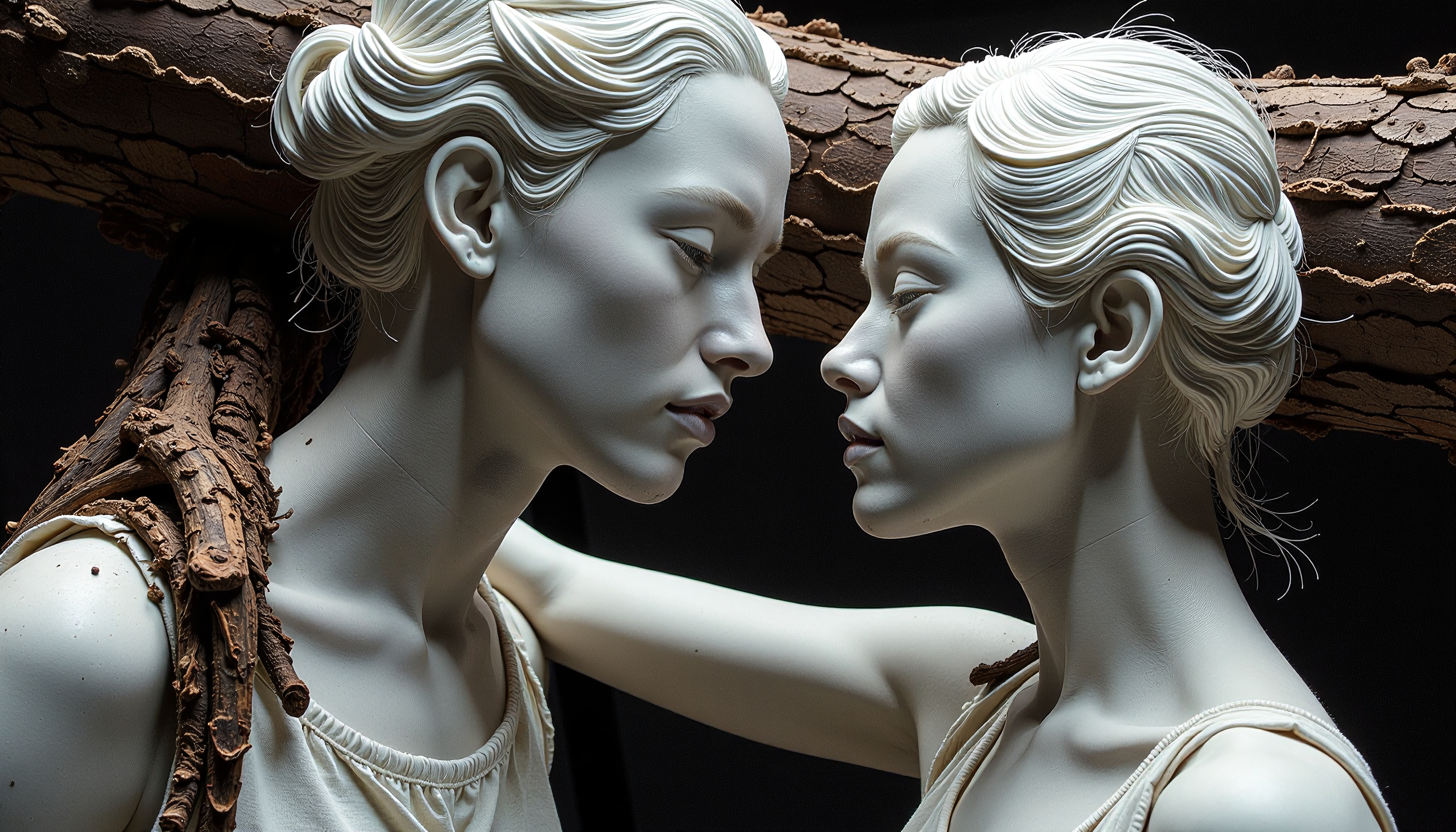 Classical Marble Statues of Two Women in Intimate Pose Under Tree Branch