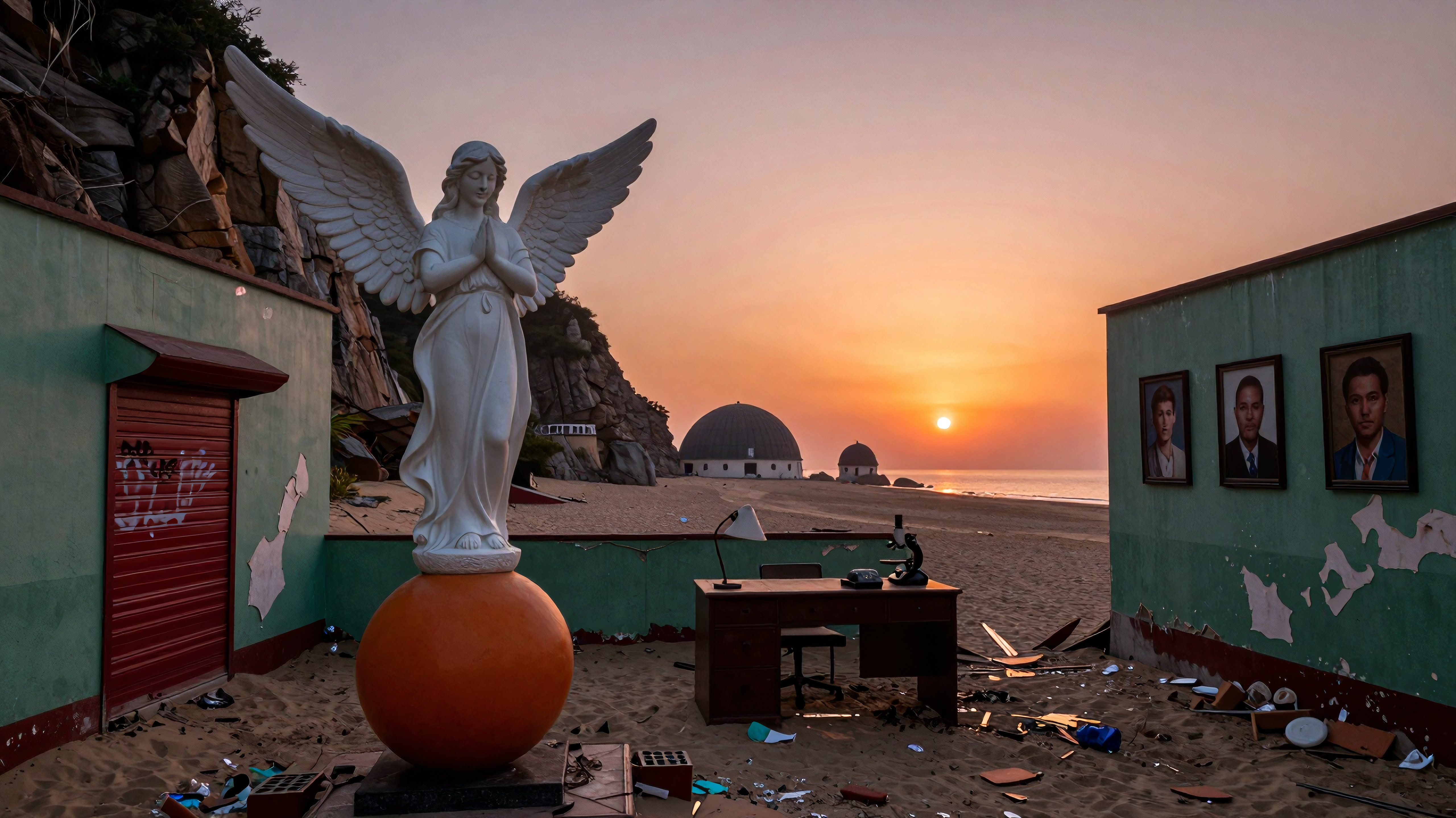 Angel Statue on Beach at Sunset with Abandoned Structures and Portrait Murals