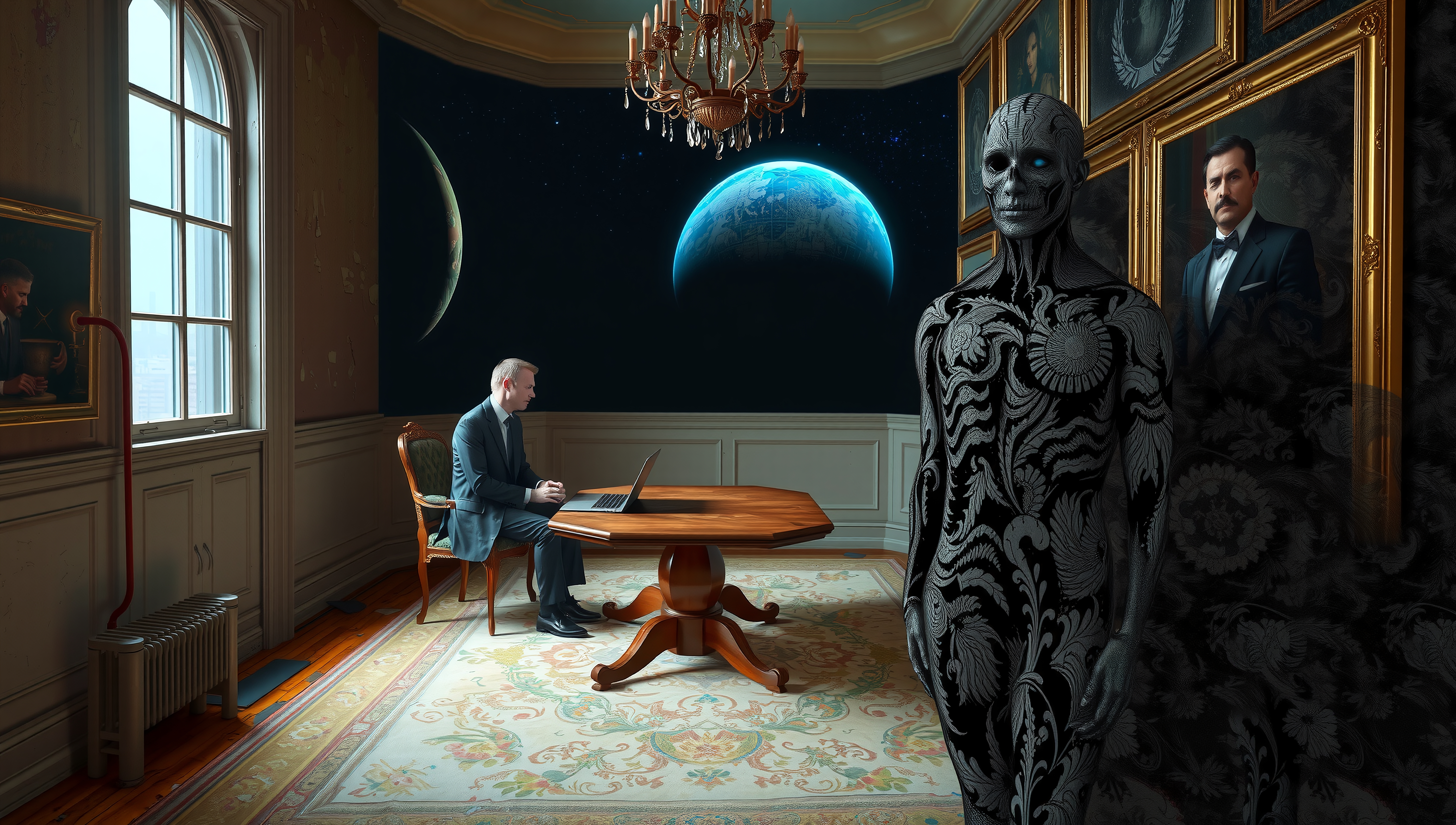 Futuristic Business Office with Cosmic Mural and Robotic Figure