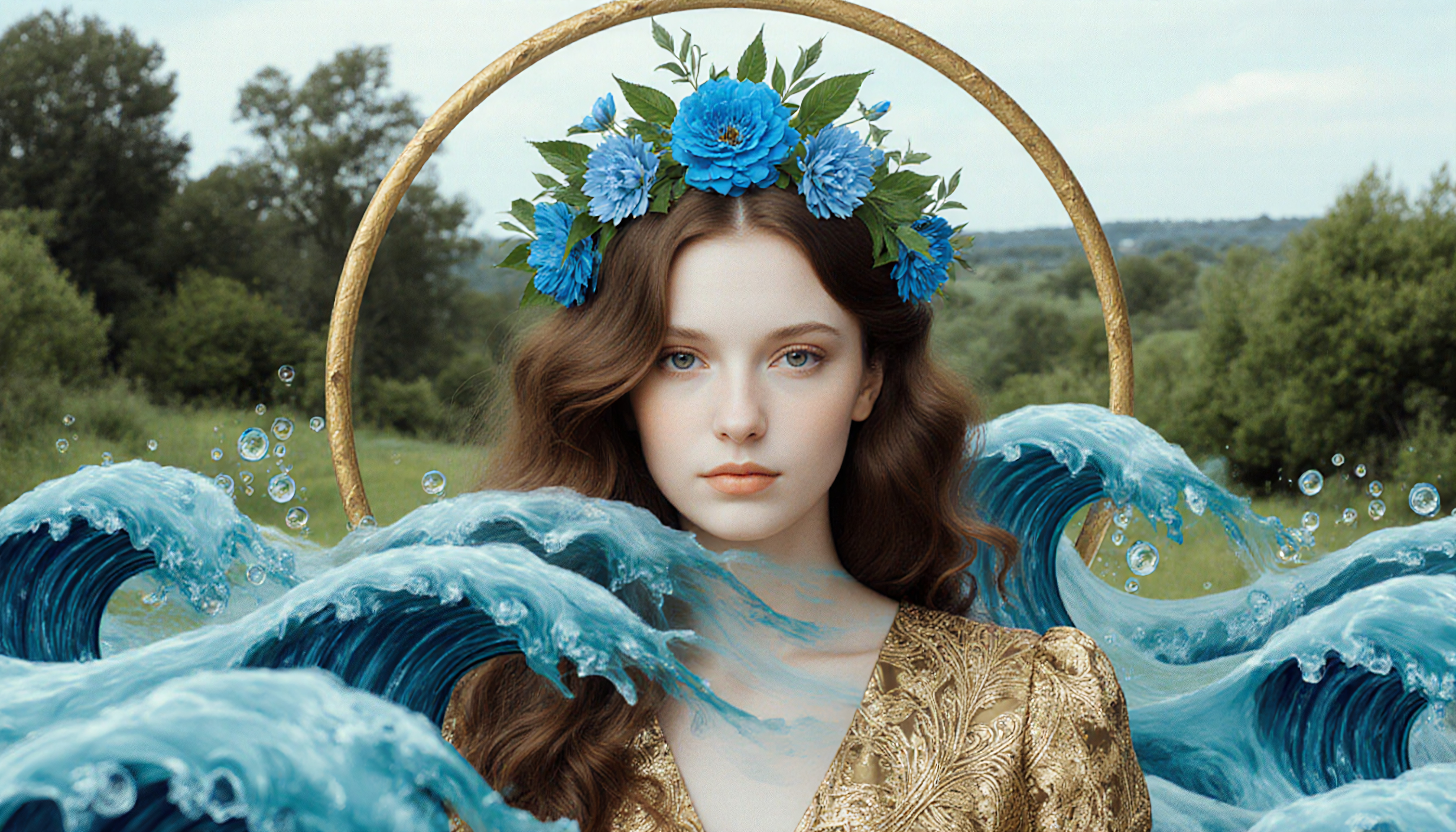 Ocean Goddess with Blue Floral Crown and Golden Halo in Lush Landscape
