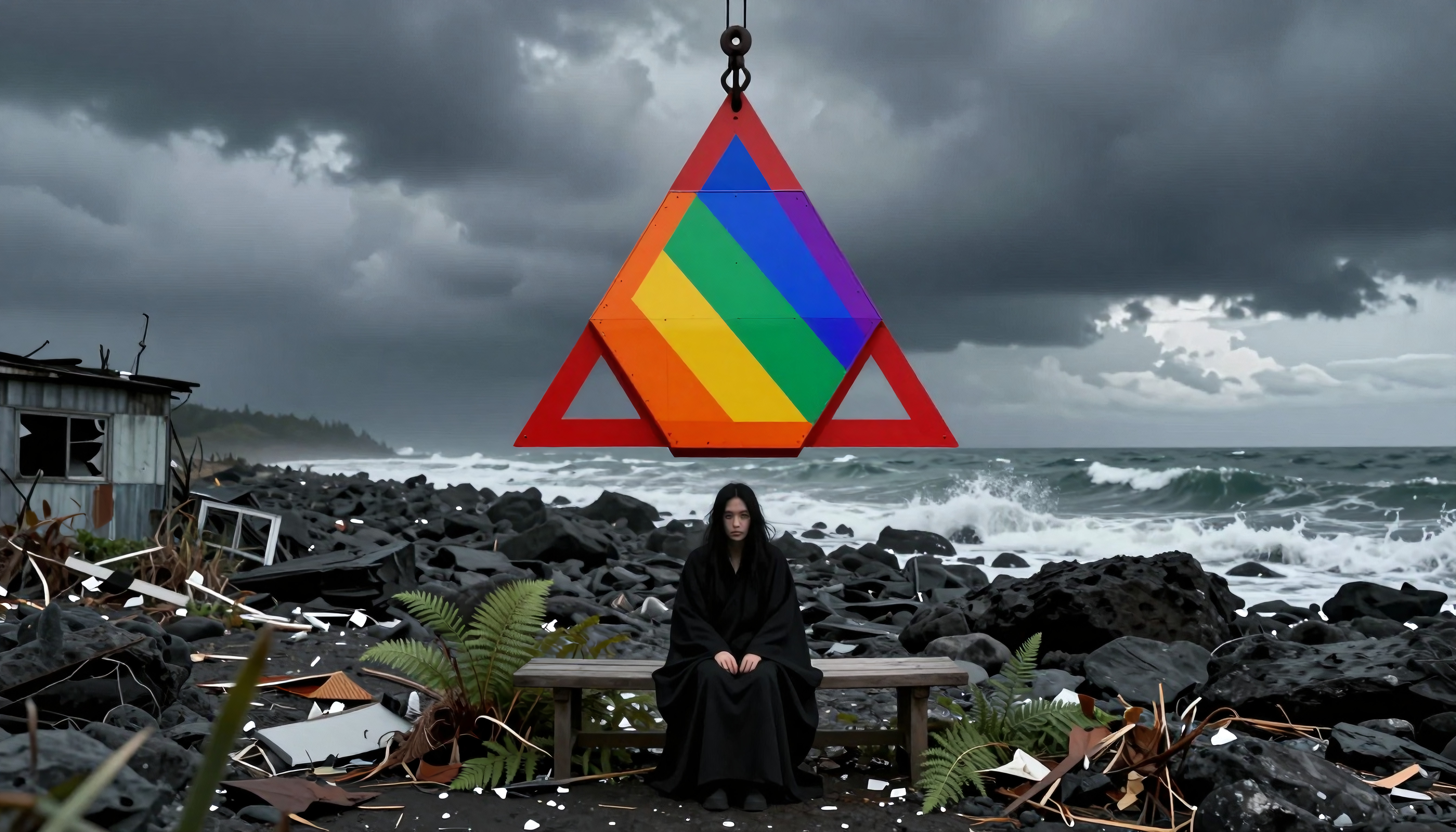 Rainbow Triangle Suspended Over Stormy Beach Ruins with Cloaked Figure