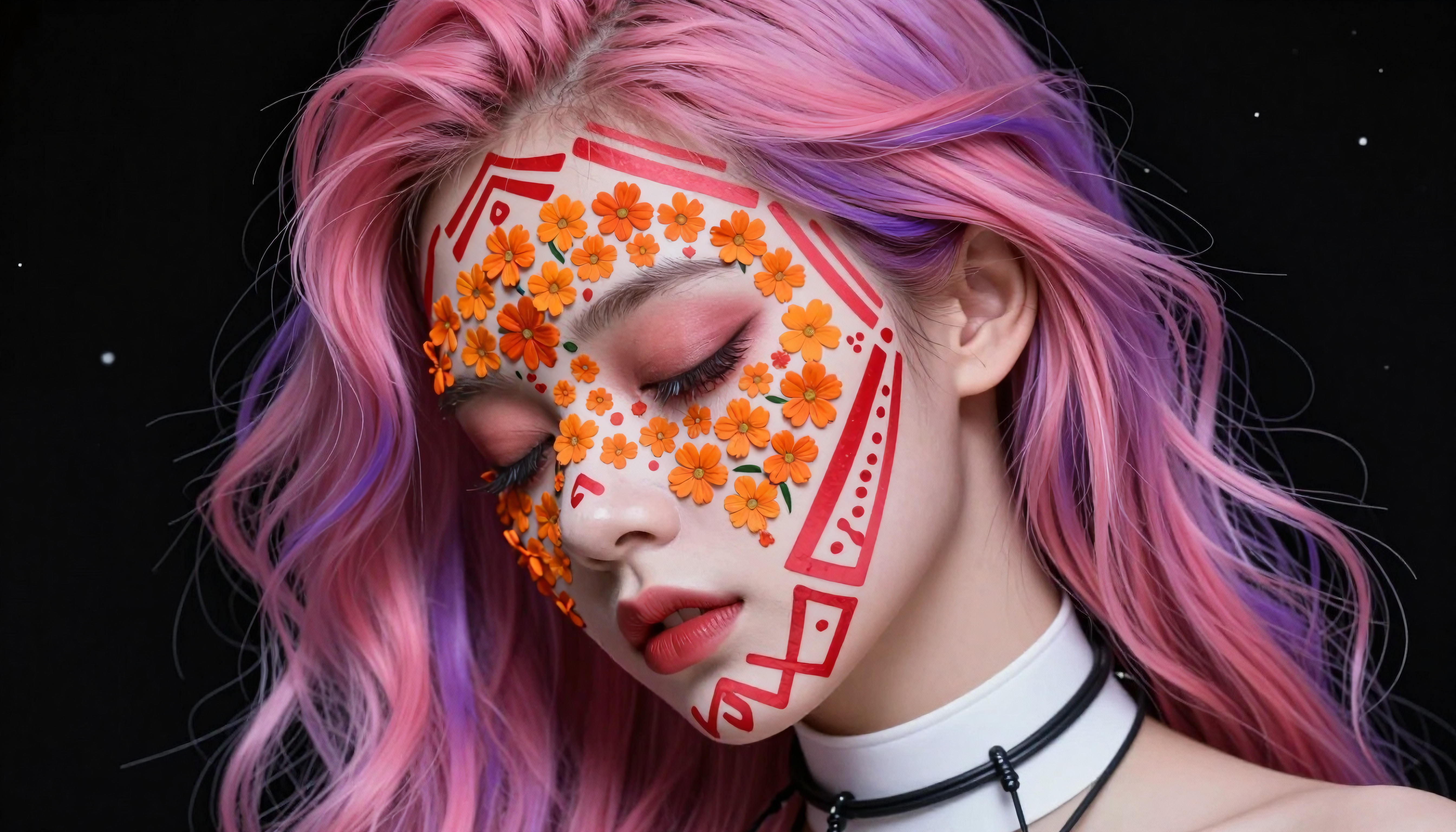 Day of the Dead Makeup with Pink and Purple Hair Close-Up