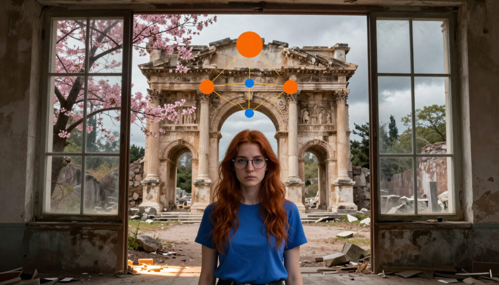 Red-haired Woman Standing Before Classical Ruin with Cherry Blossoms and Abstract Elements