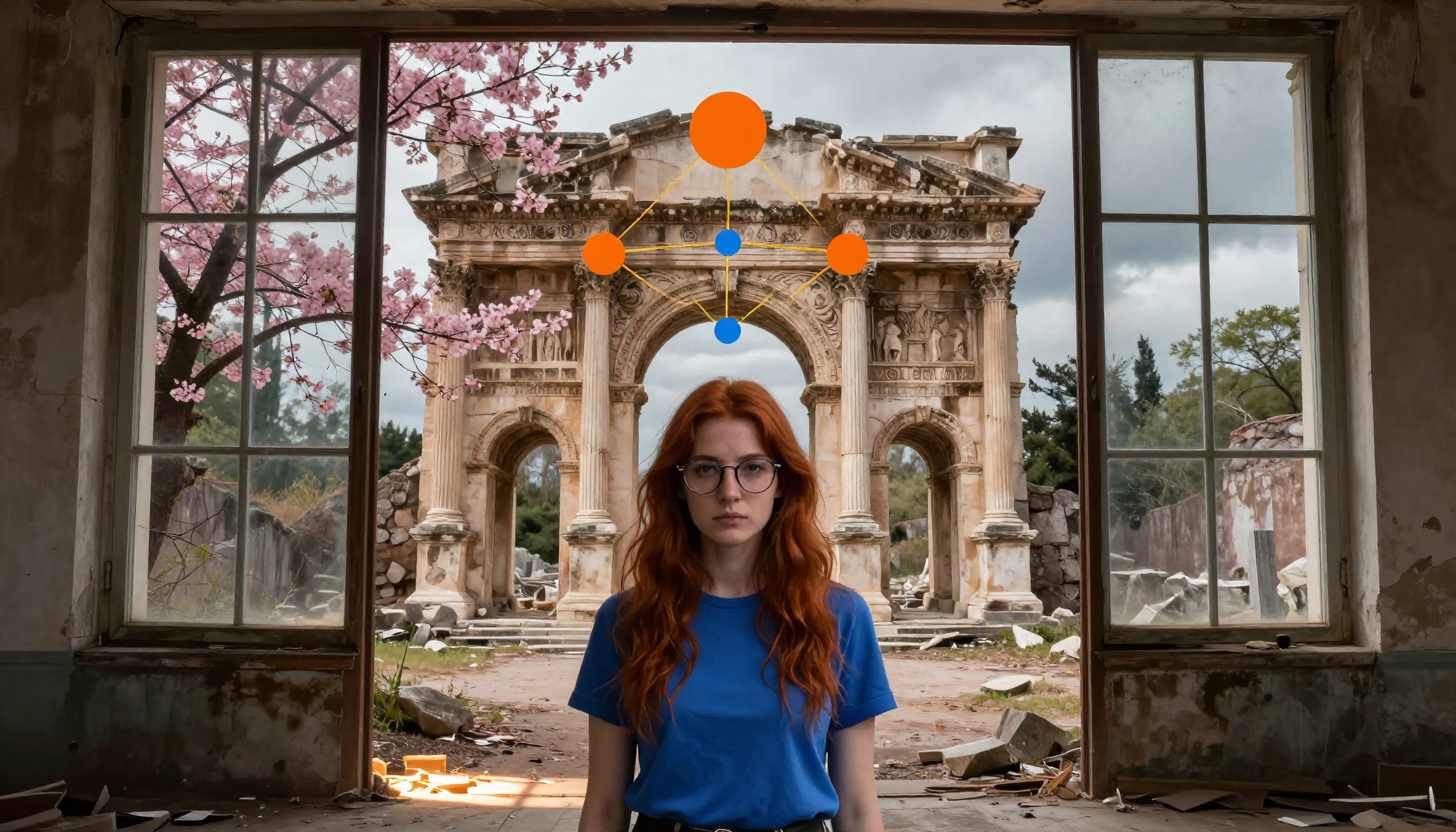 Red-haired Woman Standing Before Classical Ruin with Cherry Blossoms and Abstract Elements