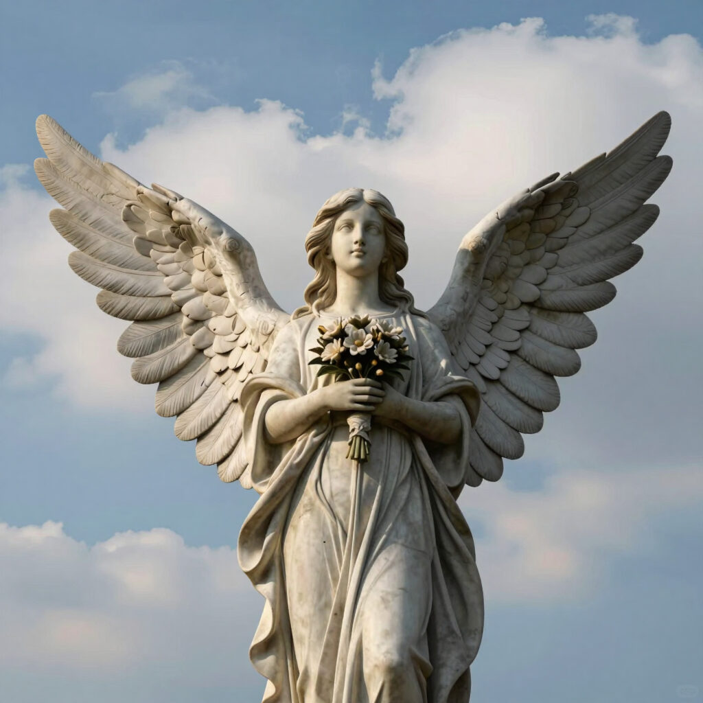 Statue of Angel holding Flowers against a Cloudy Sky