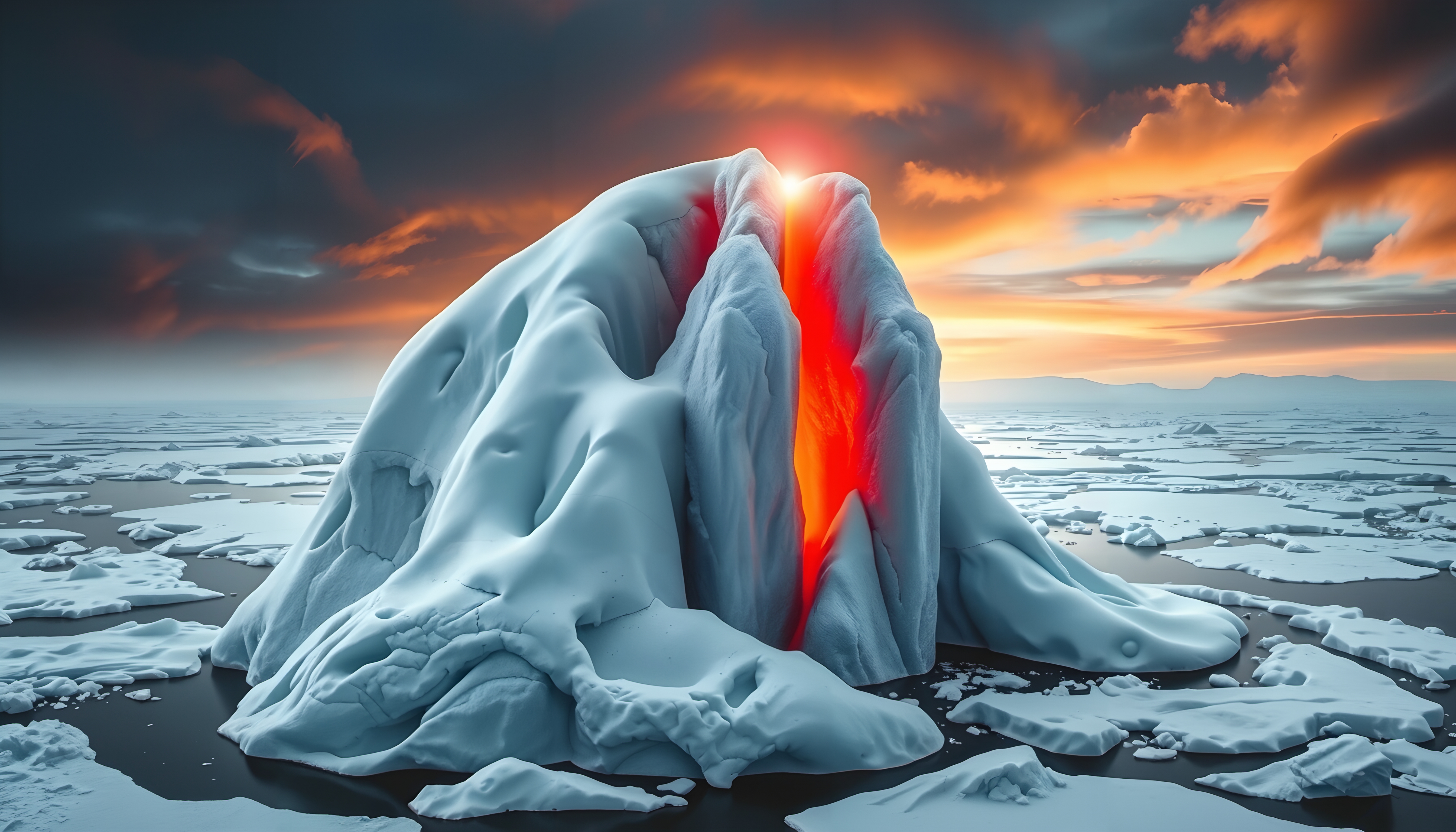 Glacial Ice Formation with Glowing Interior and Dramatic Sunset Sky