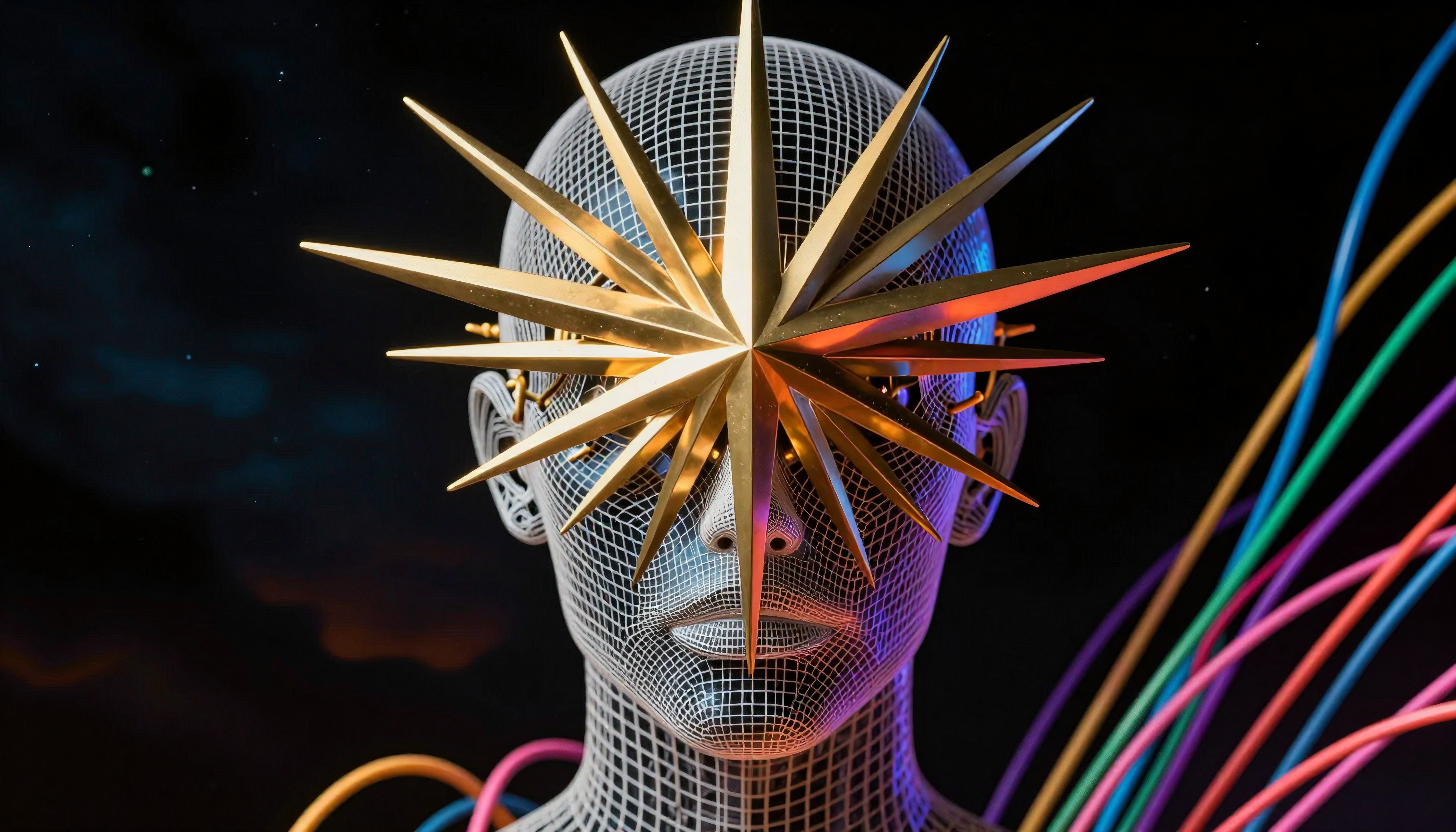 Futuristic Wireframe Head with Metallic Starburst and Neon Accents