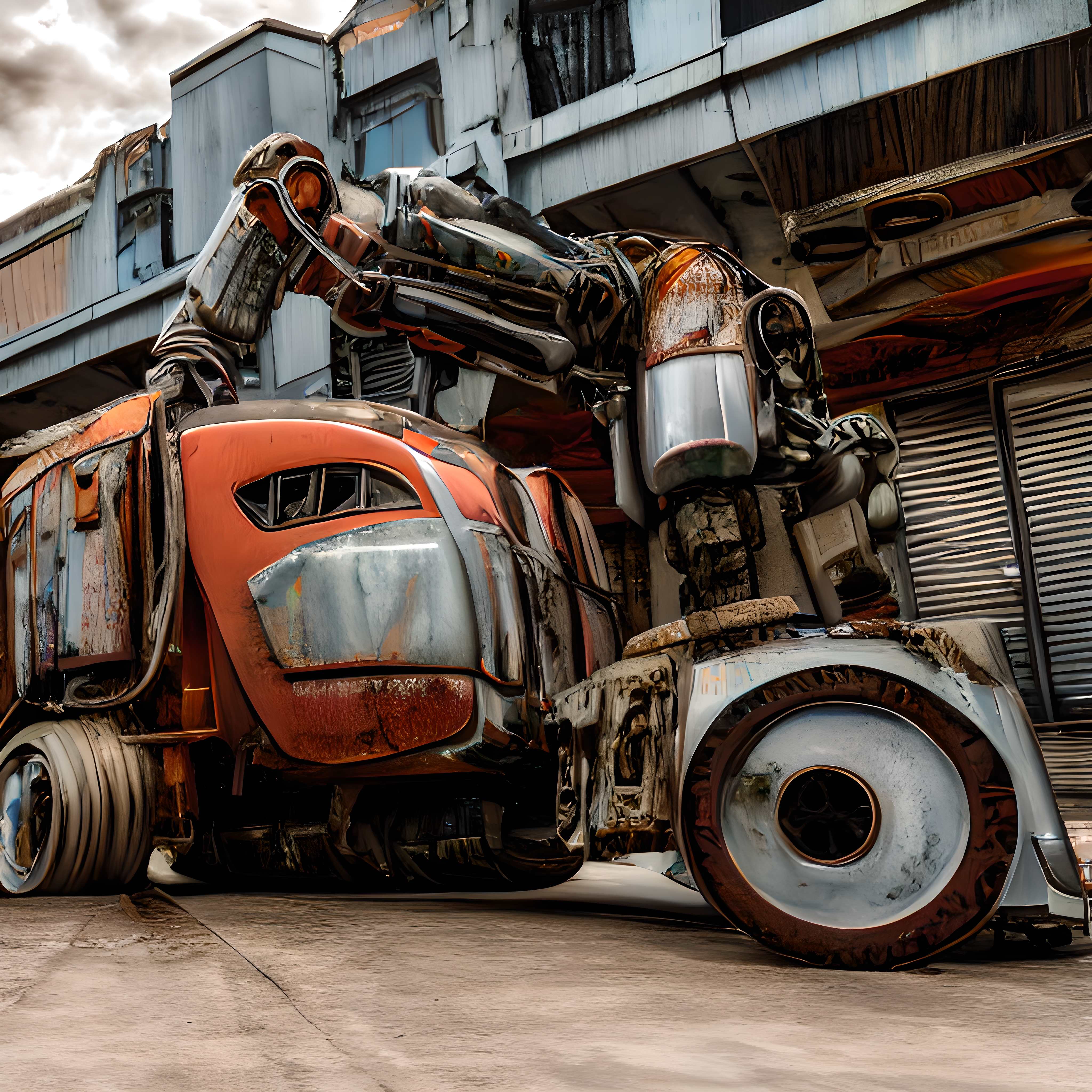Decay and Machinery: A Rusty Robotic Arm Against a Concrete Urban Backdrop