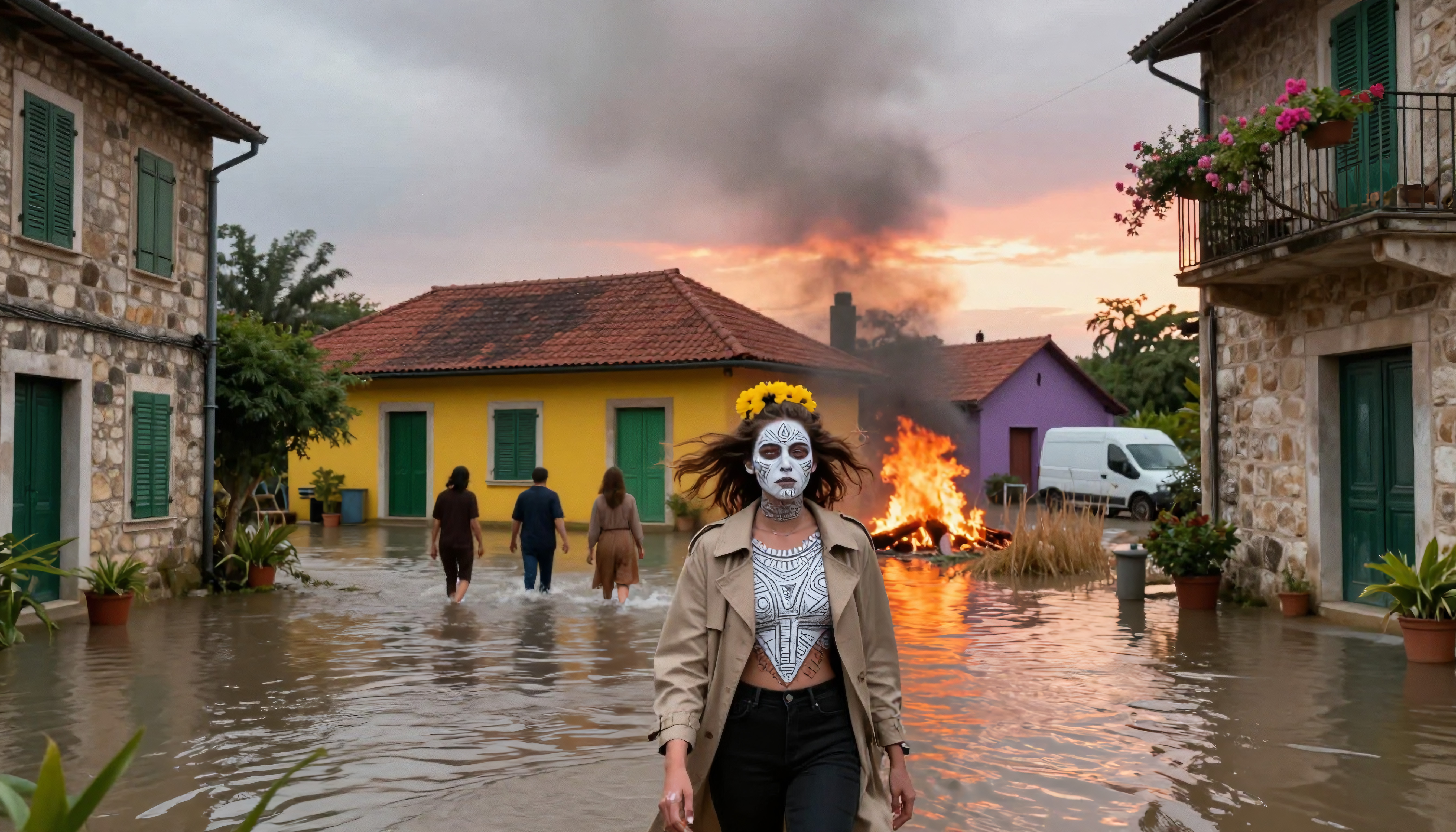 Flooded Village Street with Woman in Day of the Dead Face Painting and Burning Structures