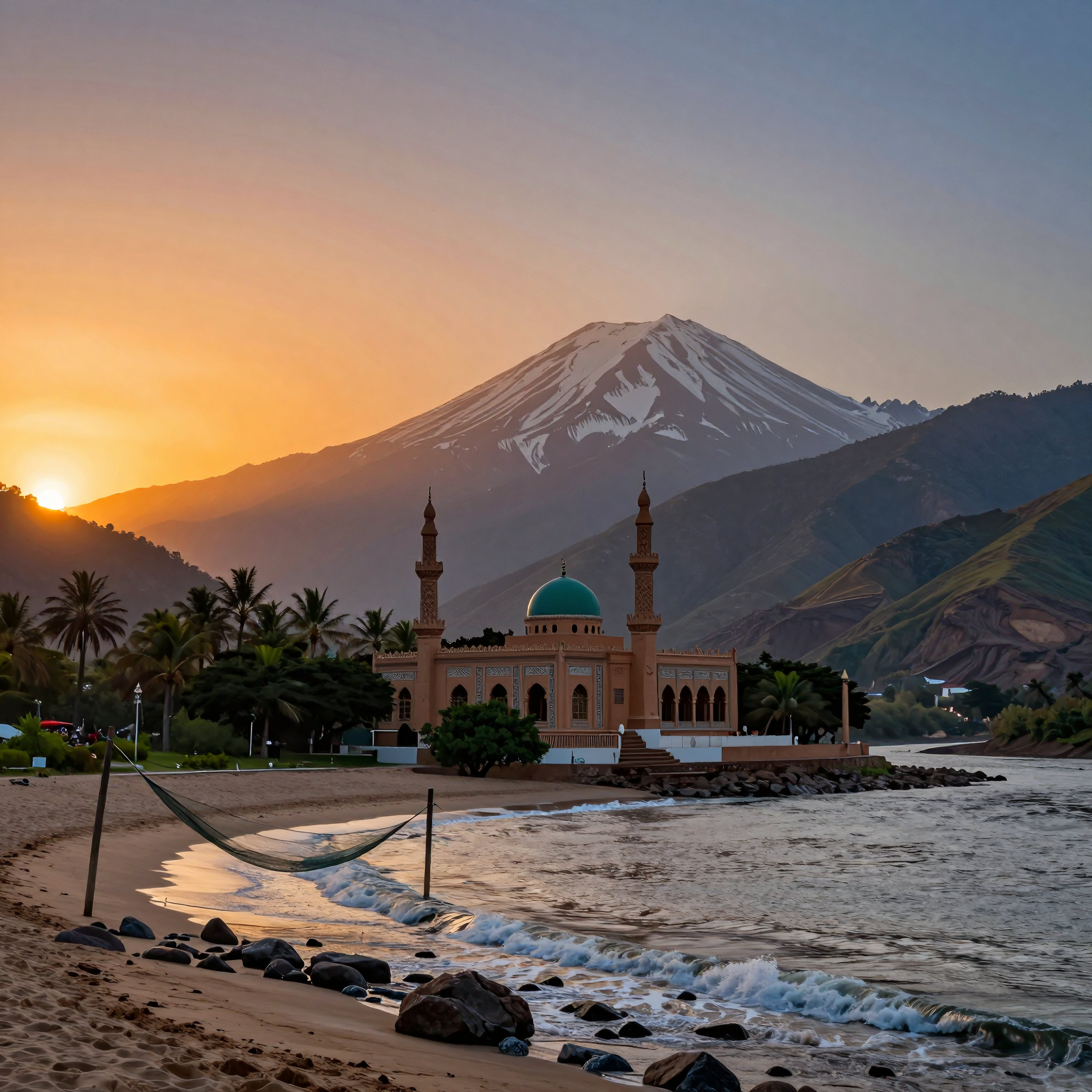 Coastal Mosque Sunset with Snow-Capped Mountain in Morocco
