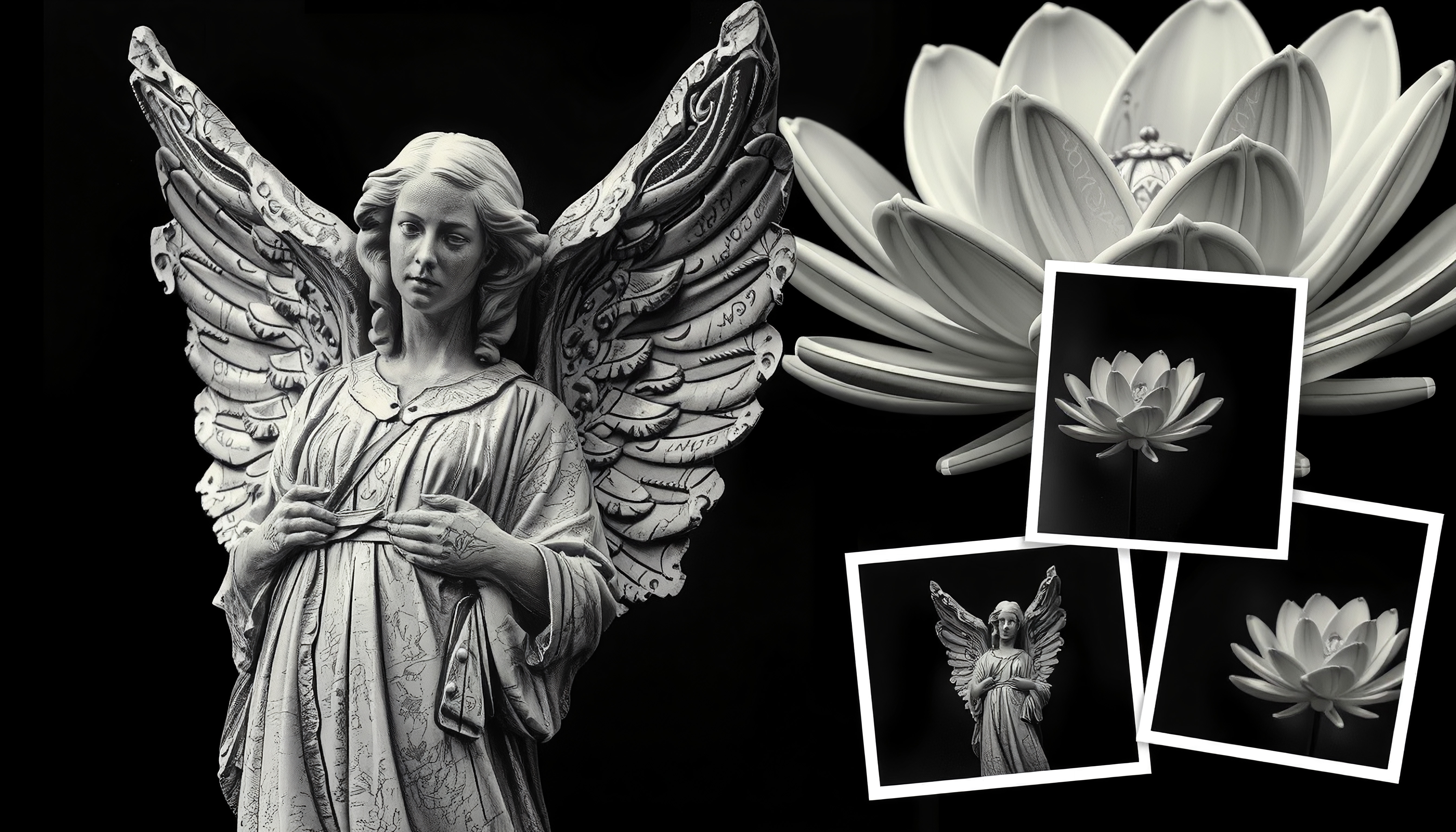 Monochrome Angel Statue with Lotus Blossoms and Polaroid Insets