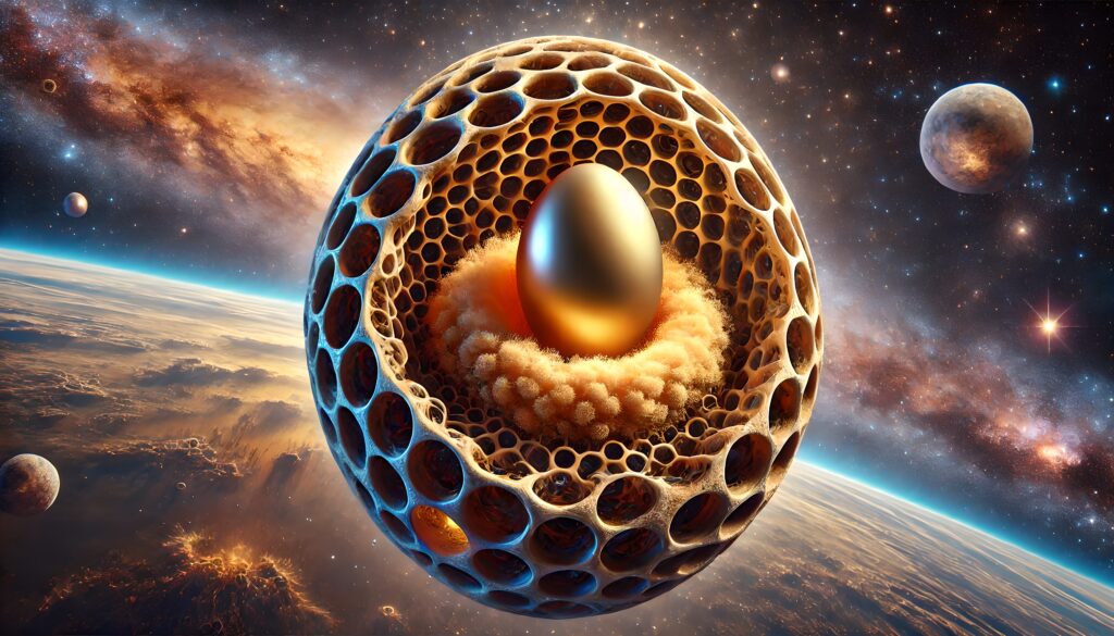 Cosmic Egg in Honeycomb Sphere Amidst Planets and Galaxy