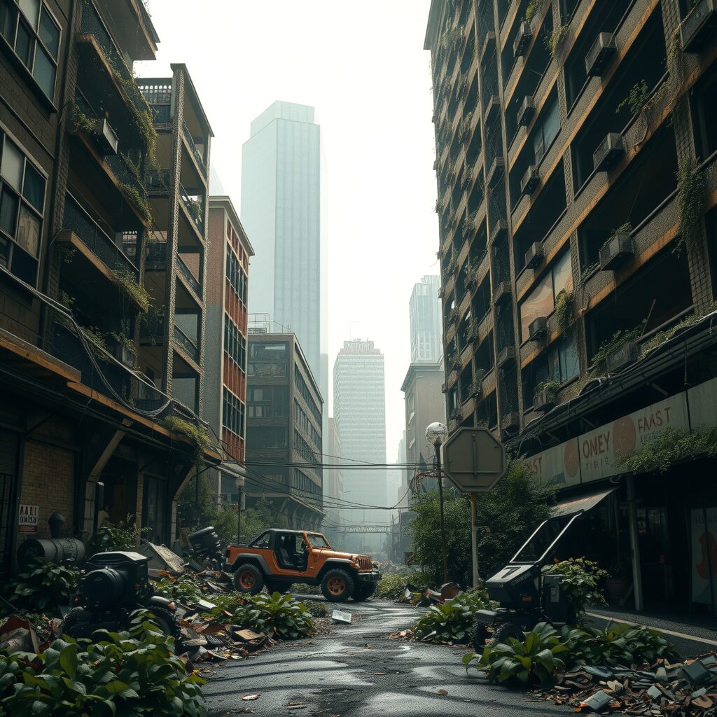 Abandoned Urban Alley with Overgrown Vegetation and Abandoned Vehicles