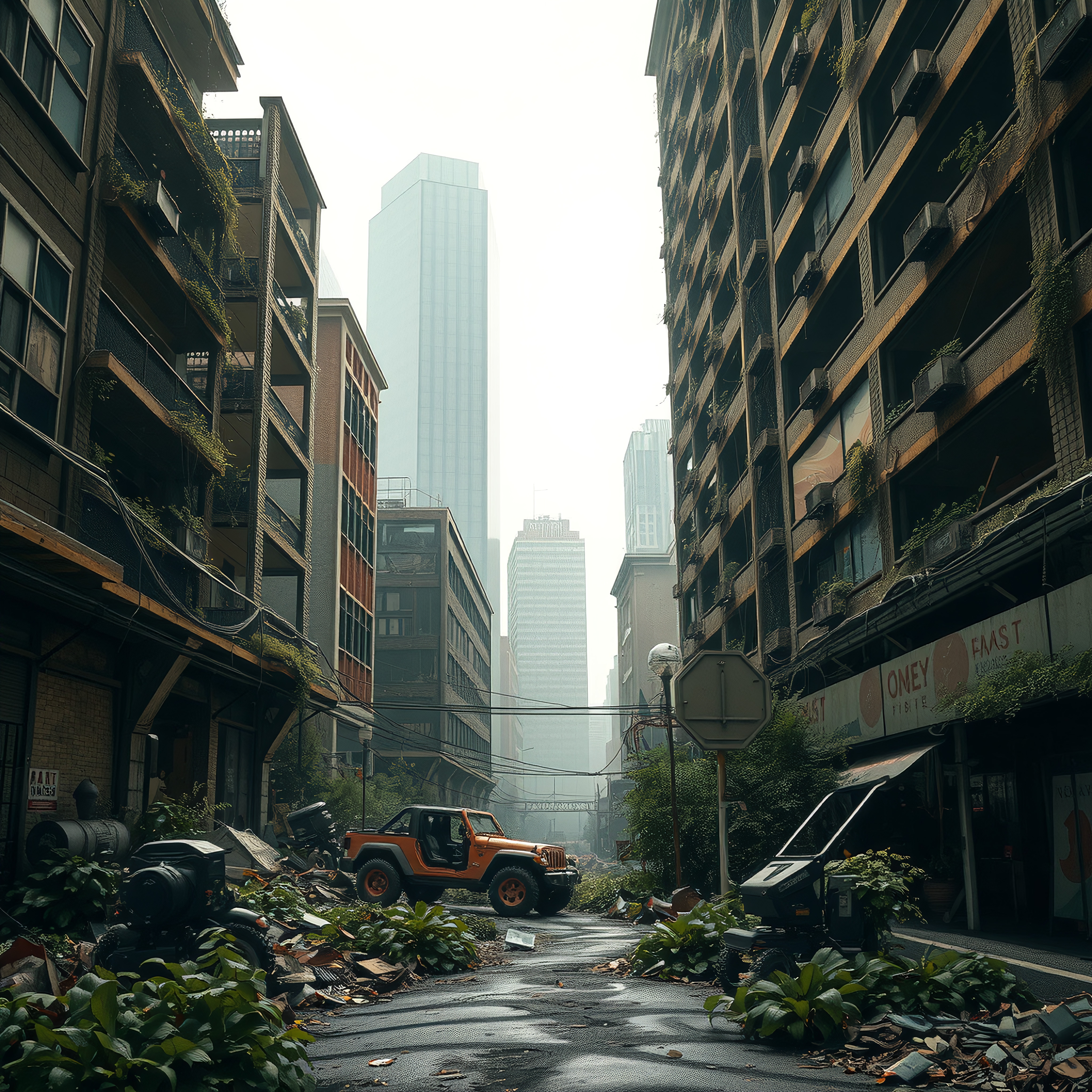 Abandoned Urban Alley with Overgrown Vegetation and Abandoned Vehicles
