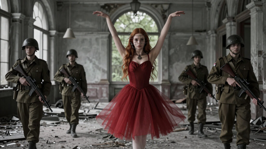 Red Dress Dancer Amidst Military Soldiers in Abandoned Building