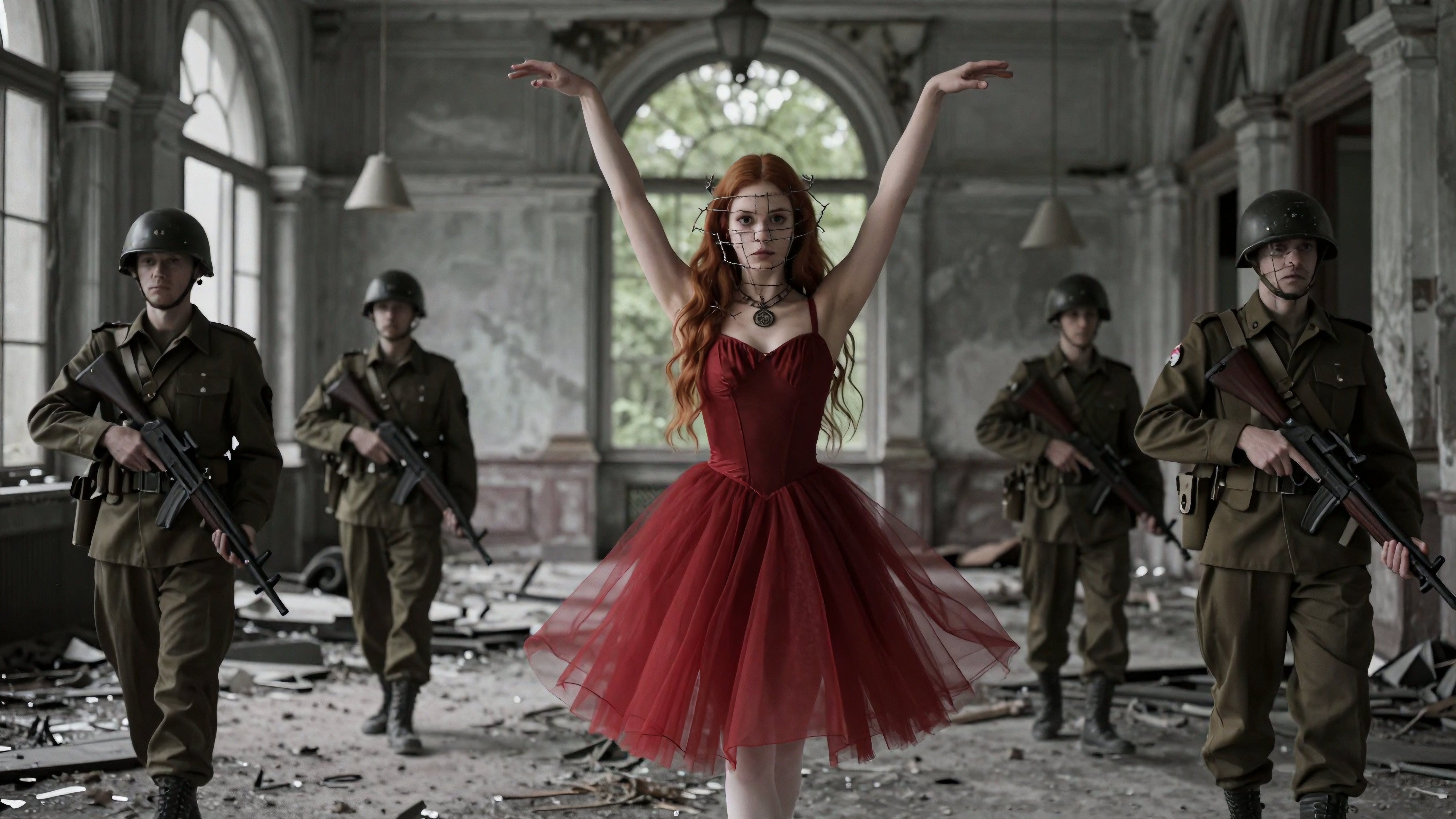 Red Dress Dancer Amidst Military Soldiers in Abandoned Building