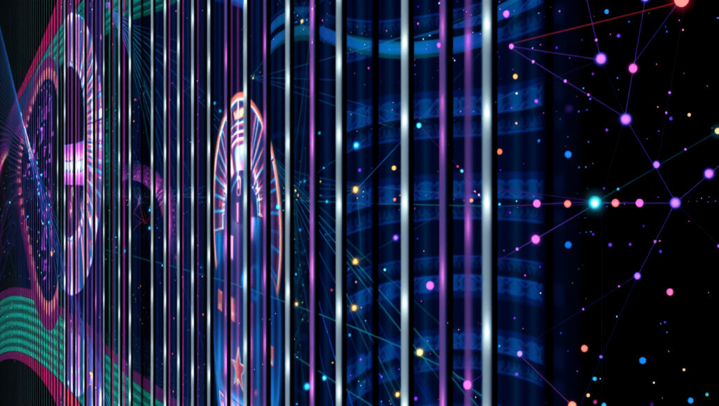 Neon Cybernetic Abstract Background with Digital Network Elements