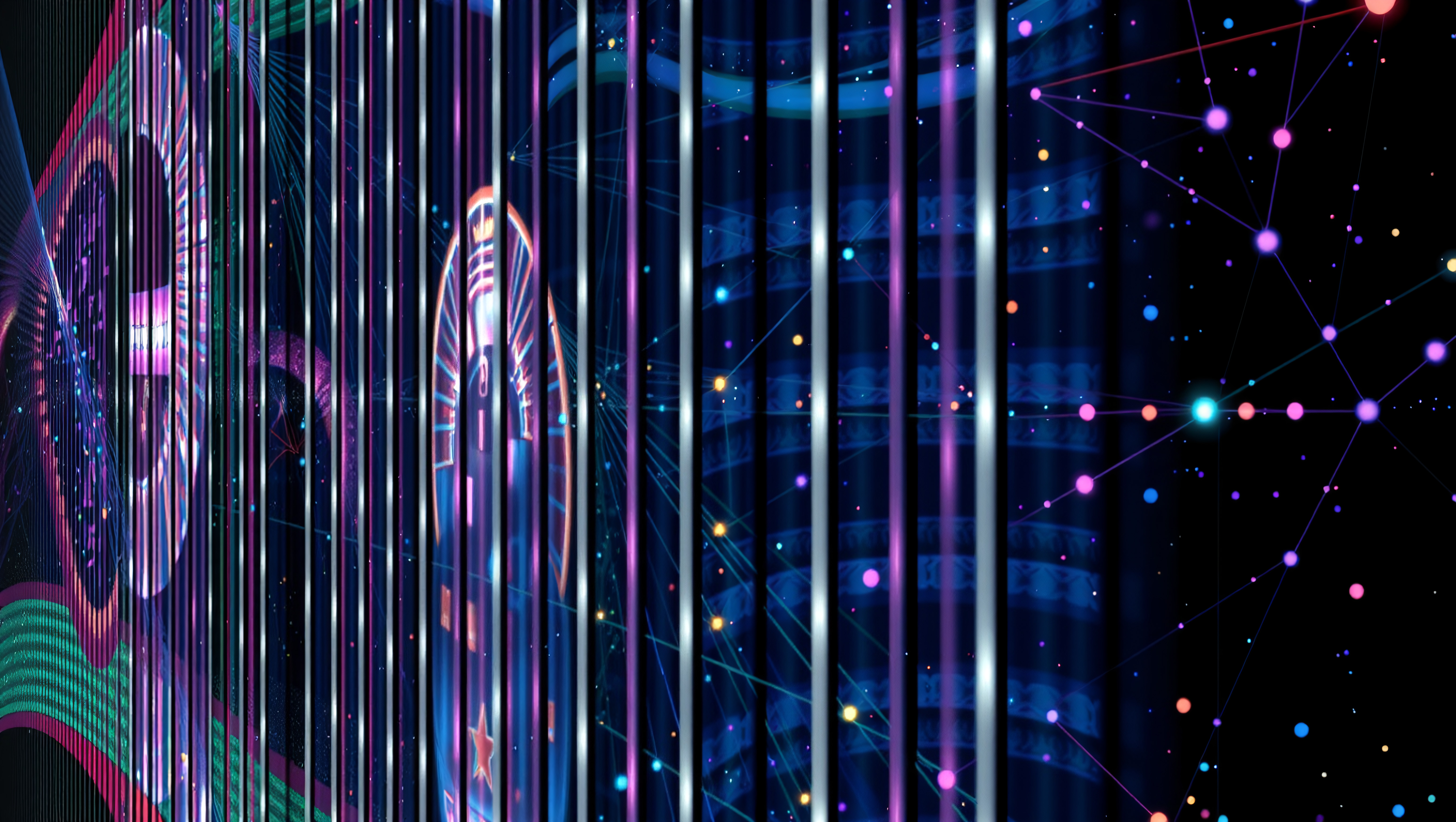 Neon Cybernetic Abstract Background with Digital Network Elements