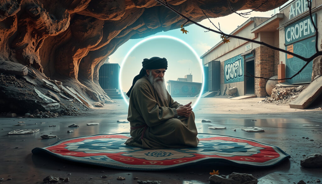 Meditative Figure in Desert Cave Amid Urban Ruins with Glowing Halo