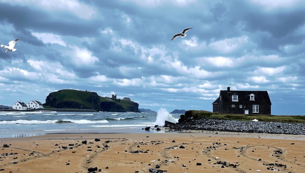Stormy Coastal Landscape with Seaside Homes and Seagulls