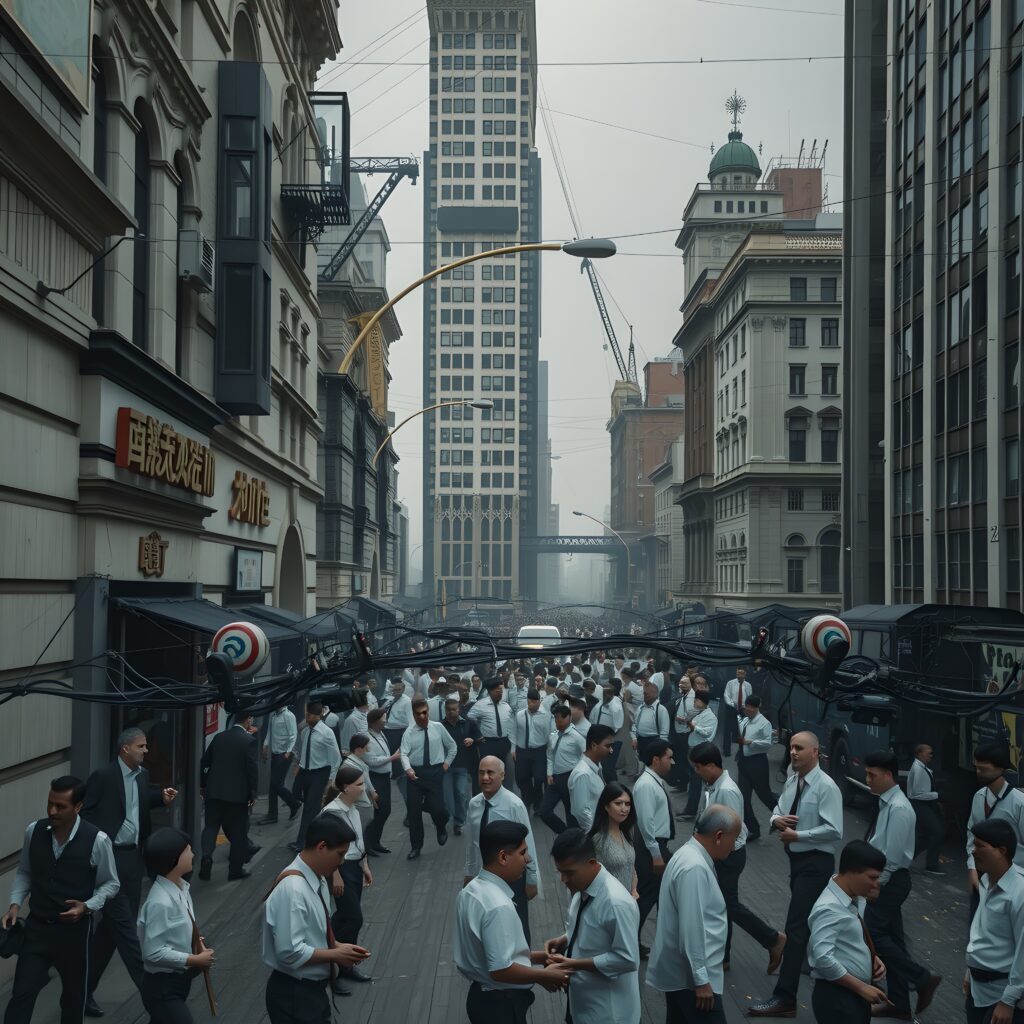 Business professionals walking through bustling urban street with Chinese signage and historic architecture